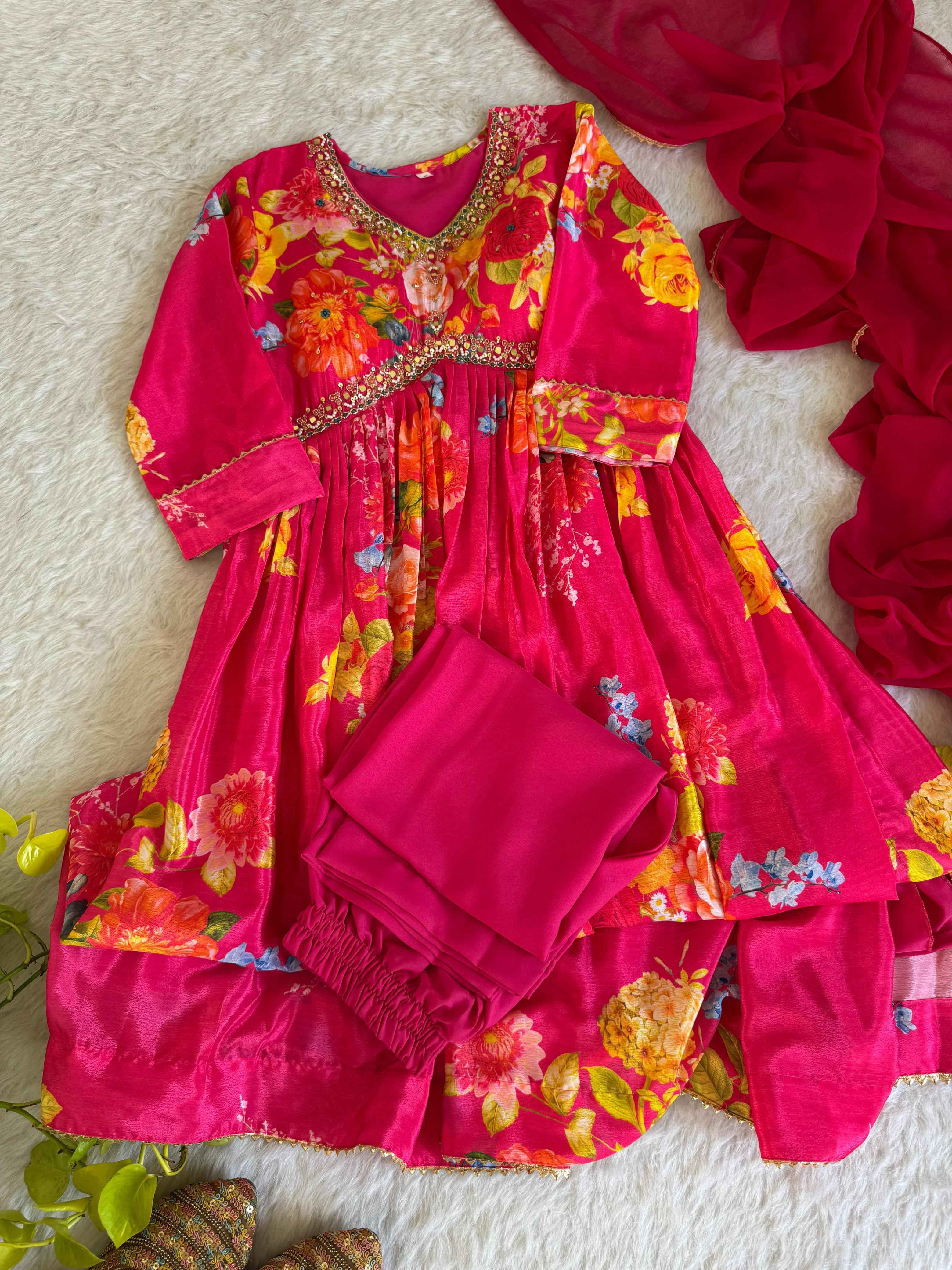 Graceful Pink Floral Printed Handworked Anarkali Pant Suit - Ethnicwish