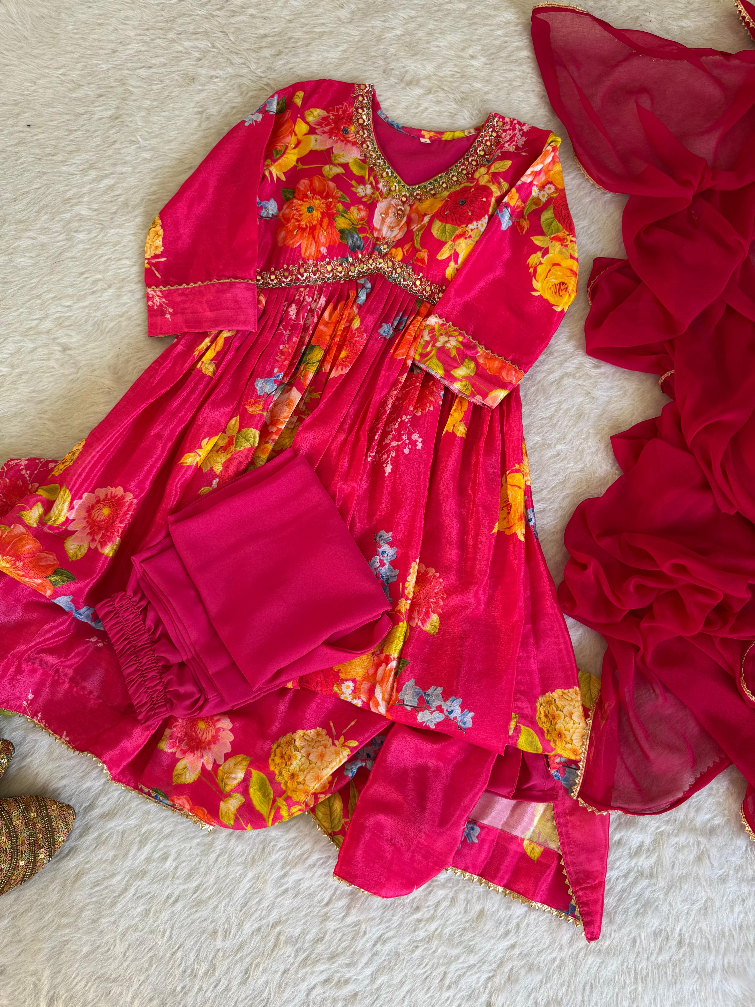 Graceful Pink Floral Printed Handworked Anarkali Pant Suit - Ethnicwish