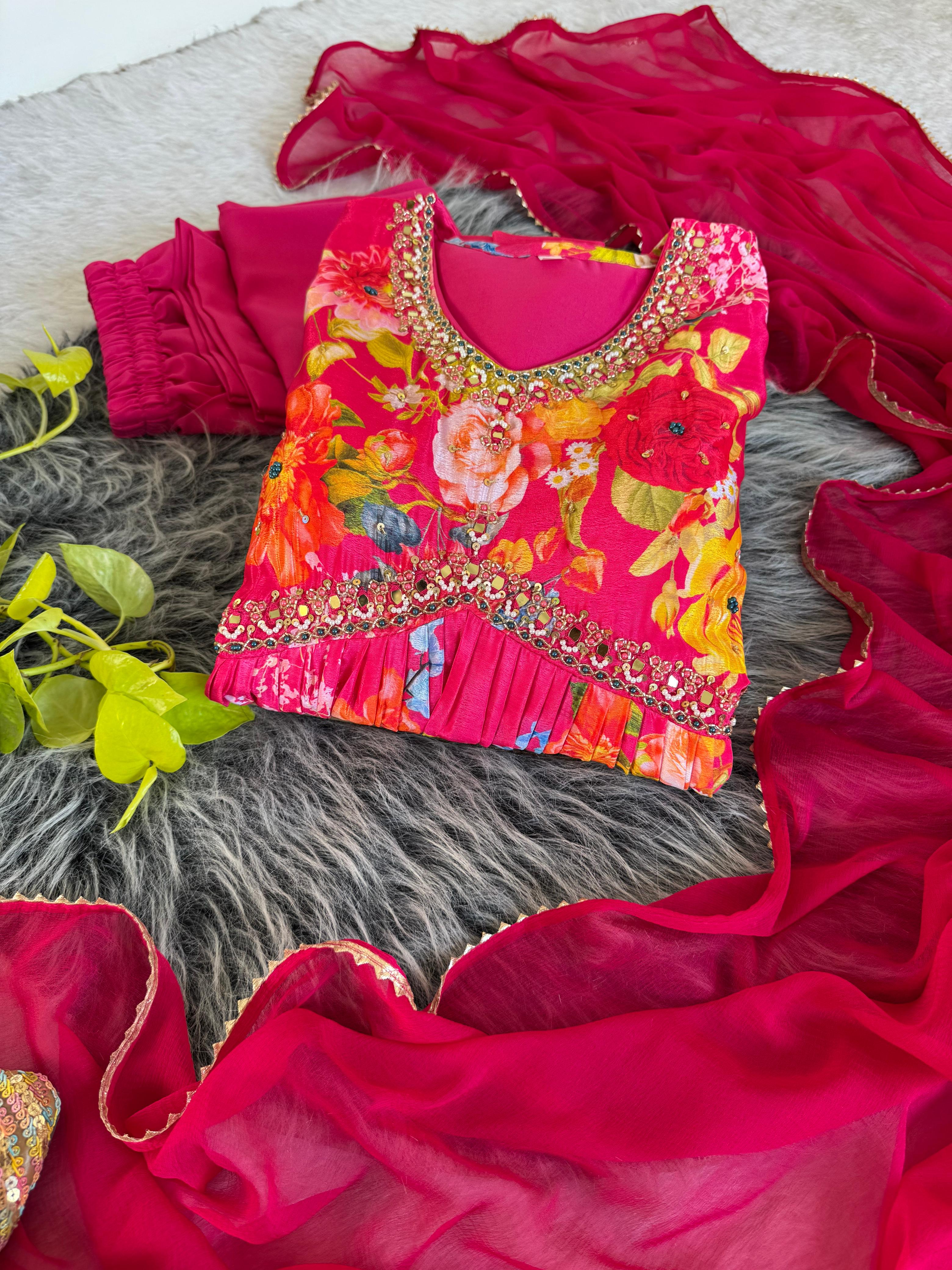 Graceful Pink Floral Printed Handworked Anarkali Pant Suit - Ethnicwish