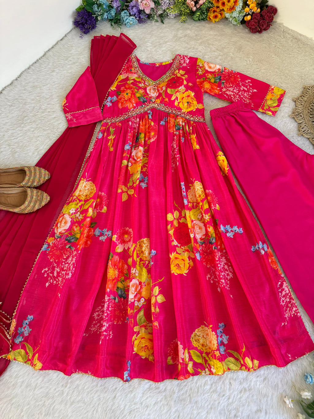 Graceful Pink Floral Printed Handworked Anarkali Pant Suit - Ethnicwish