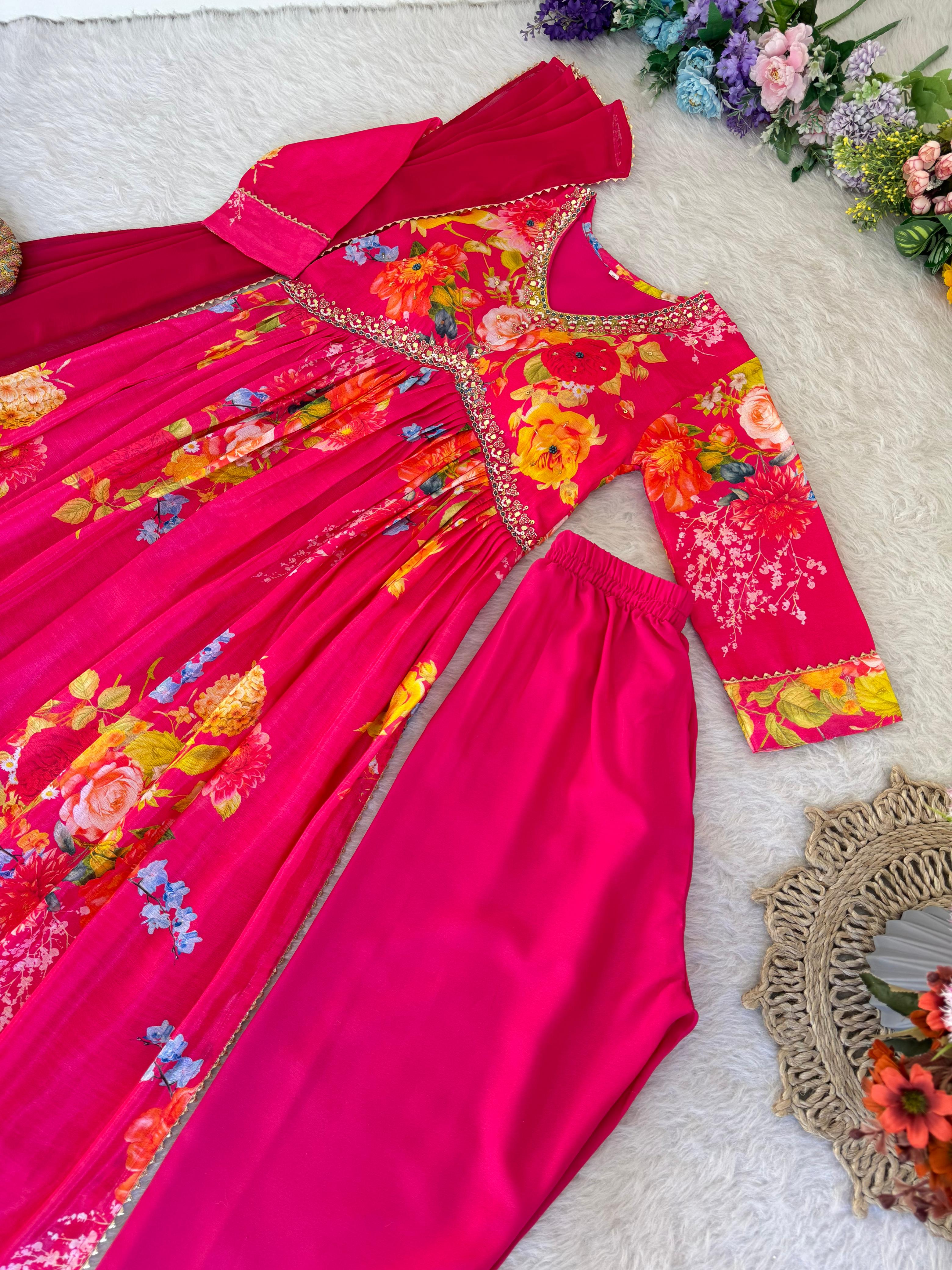 Graceful Pink Floral Printed Handworked Anarkali Pant Suit - Ethnicwish
