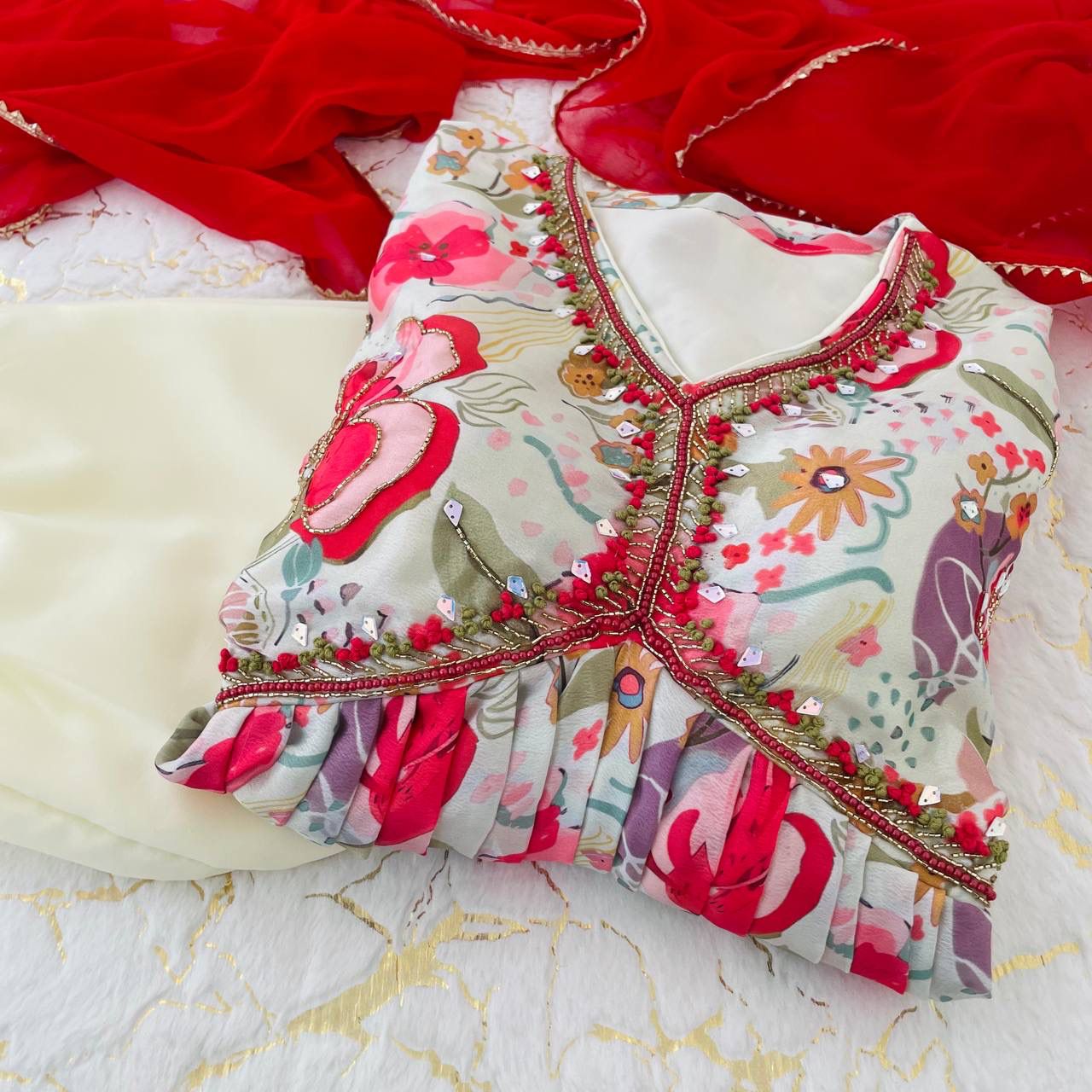 Graceful Soft Chinon Floral Printed Handworked Festive Wear Suit - Ethnicwish