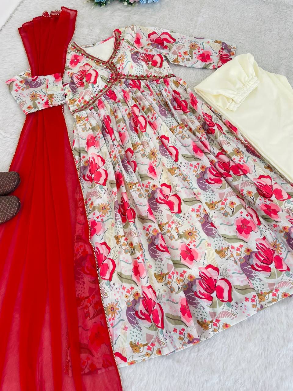 Graceful Soft Chinon Floral Printed Handworked Festive Wear Suit - Ethnicwish