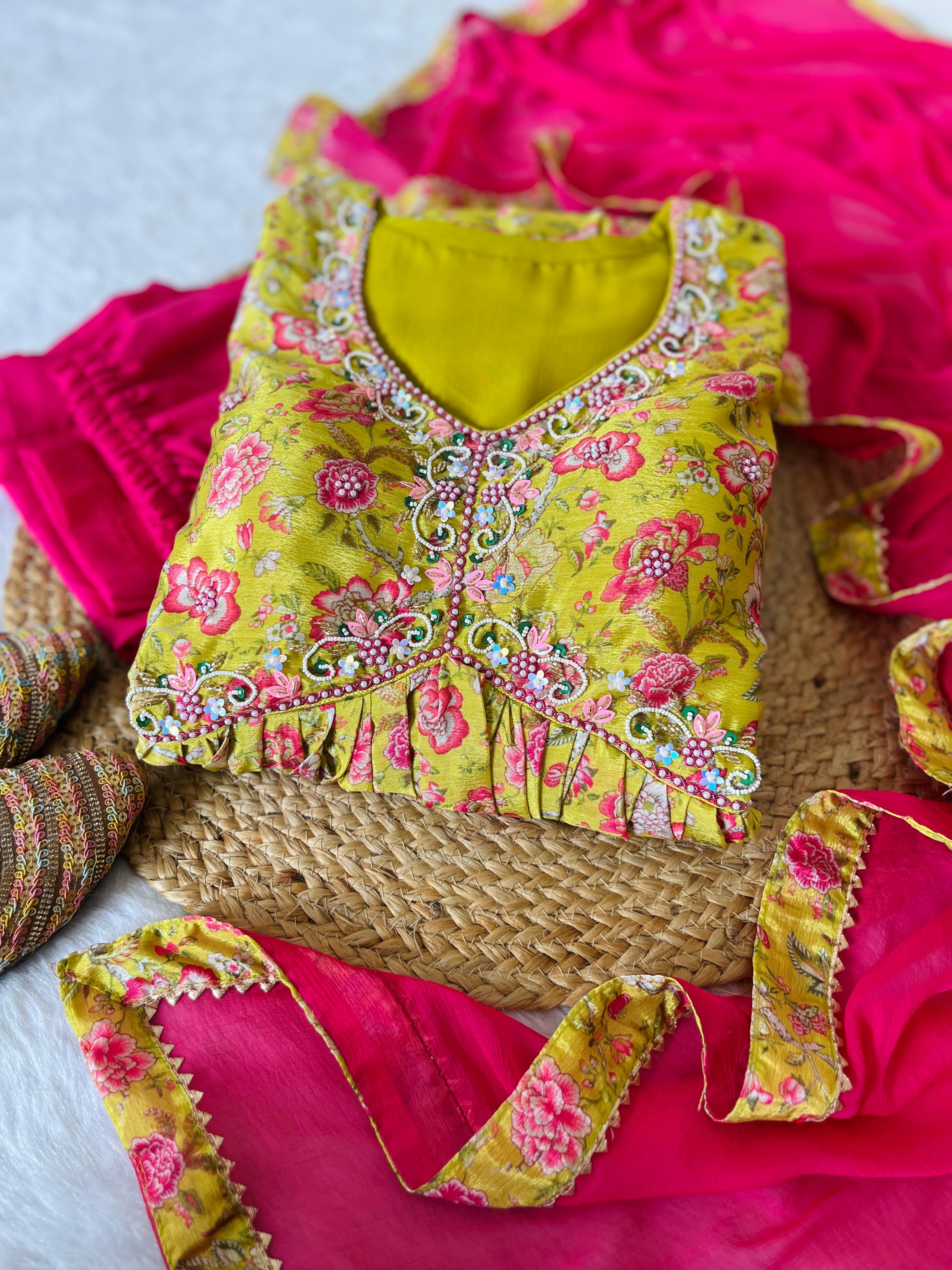 Hypnotic Yellow Soft Chinon Floral Printed Handworked Anarkali Pant Suit - Ethnicwish