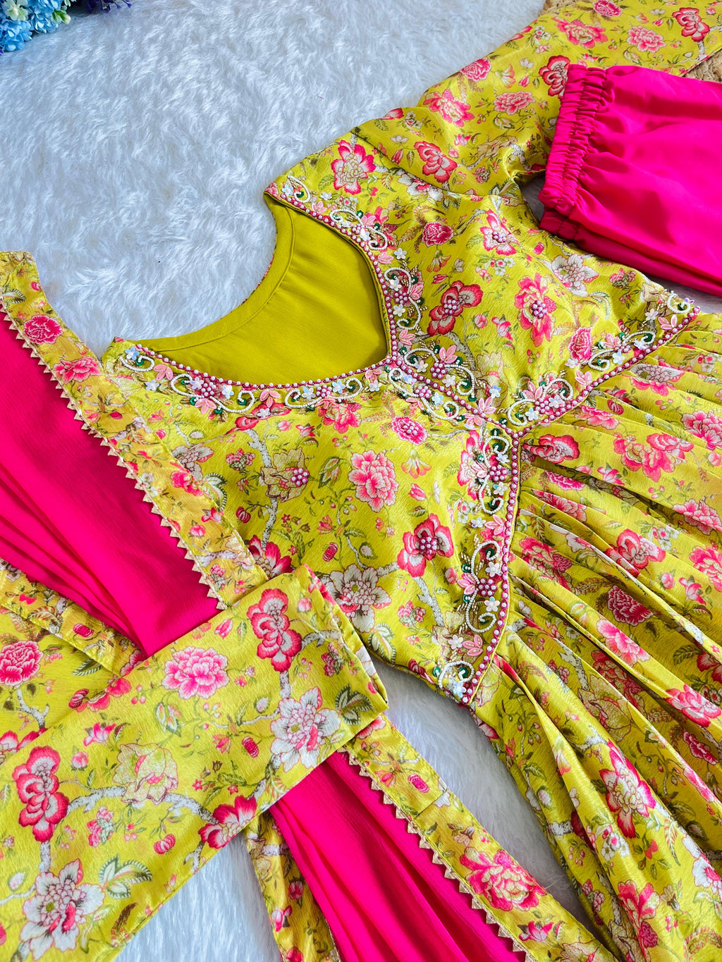 Hypnotic Yellow Soft Chinon Floral Printed Handworked Anarkali Pant Suit - Ethnicwish