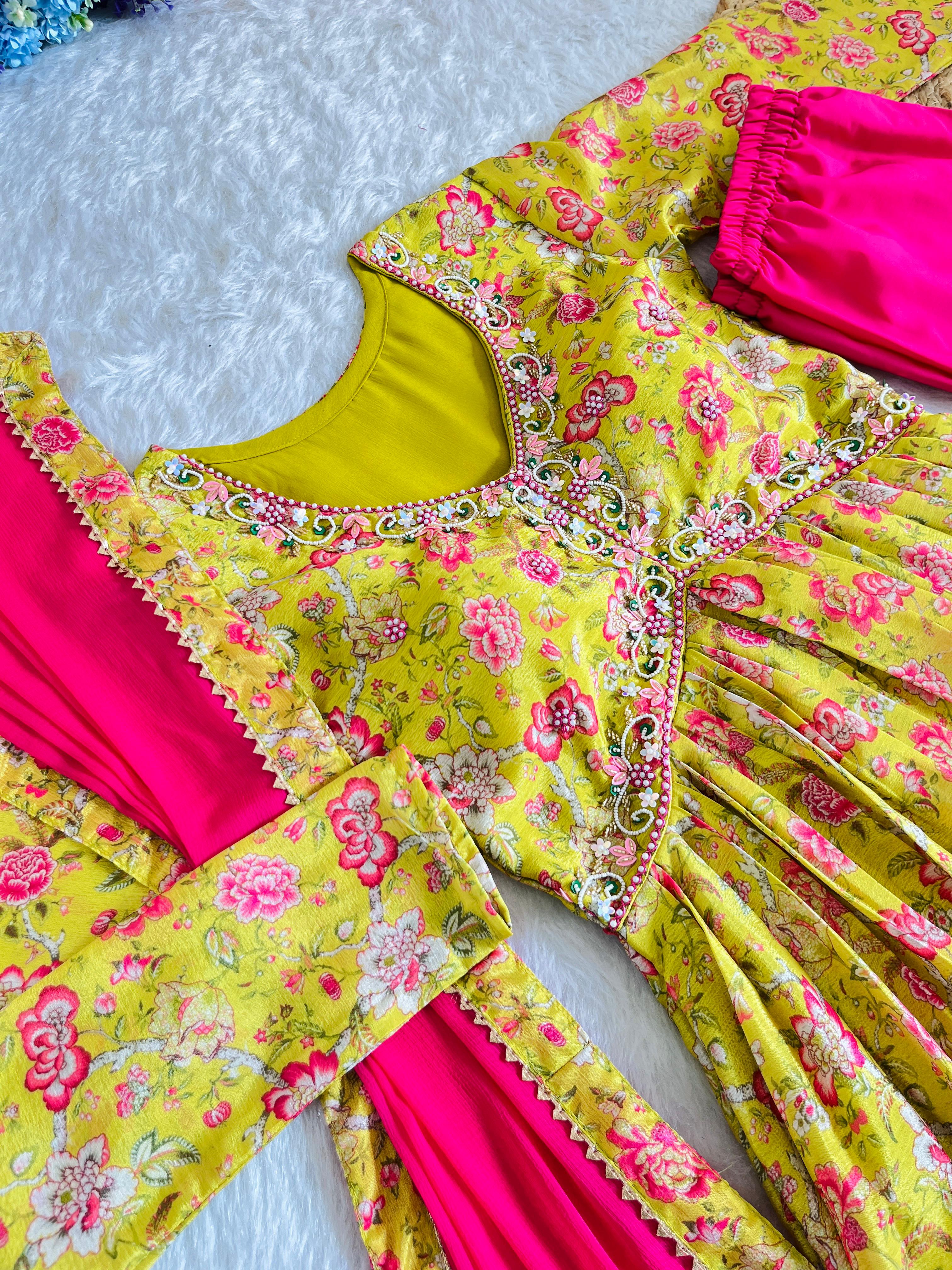 Hypnotic Yellow Soft Chinon Floral Printed Handworked Anarkali Pant Suit - Ethnicwish