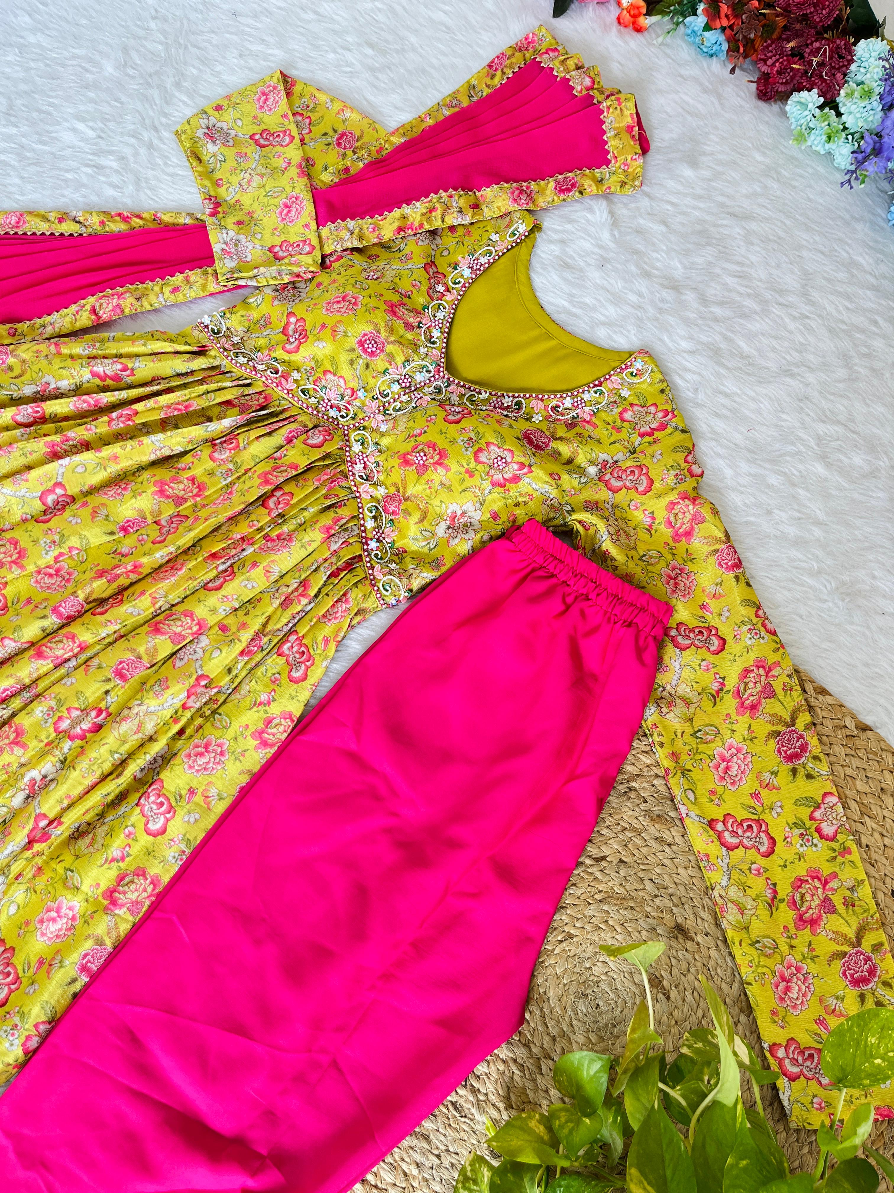 Hypnotic Yellow Soft Chinon Floral Printed Handworked Anarkali Pant Suit - Ethnicwish
