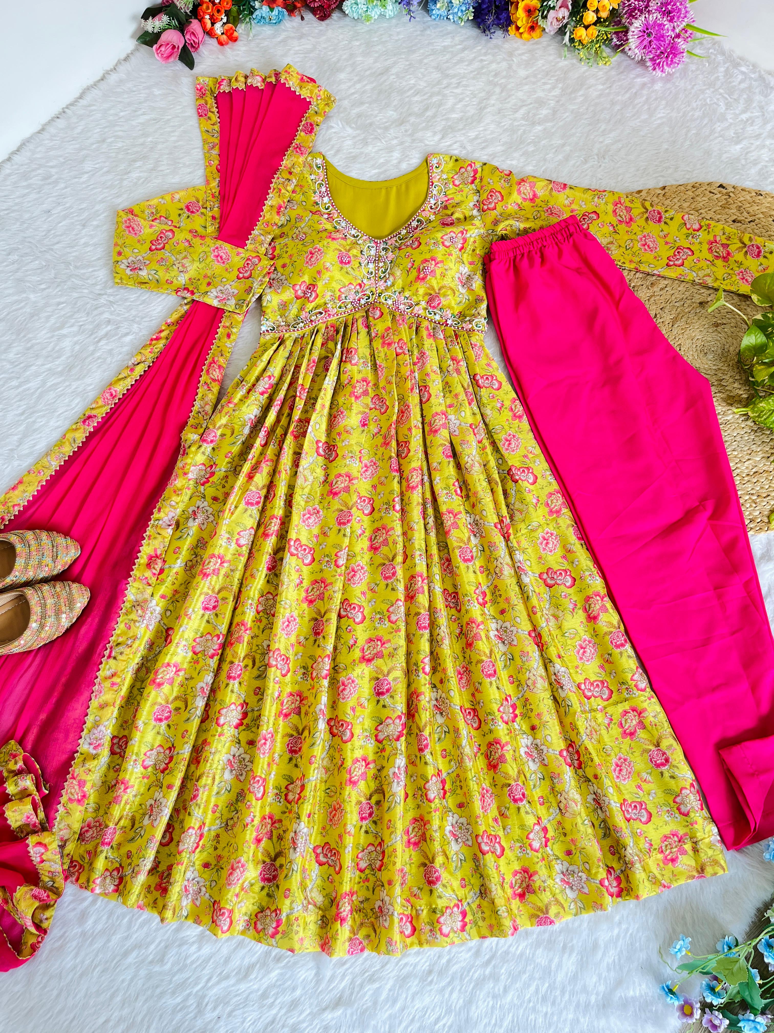 Hypnotic Yellow Soft Chinon Floral Printed Handworked Anarkali Pant Suit - Ethnicwish