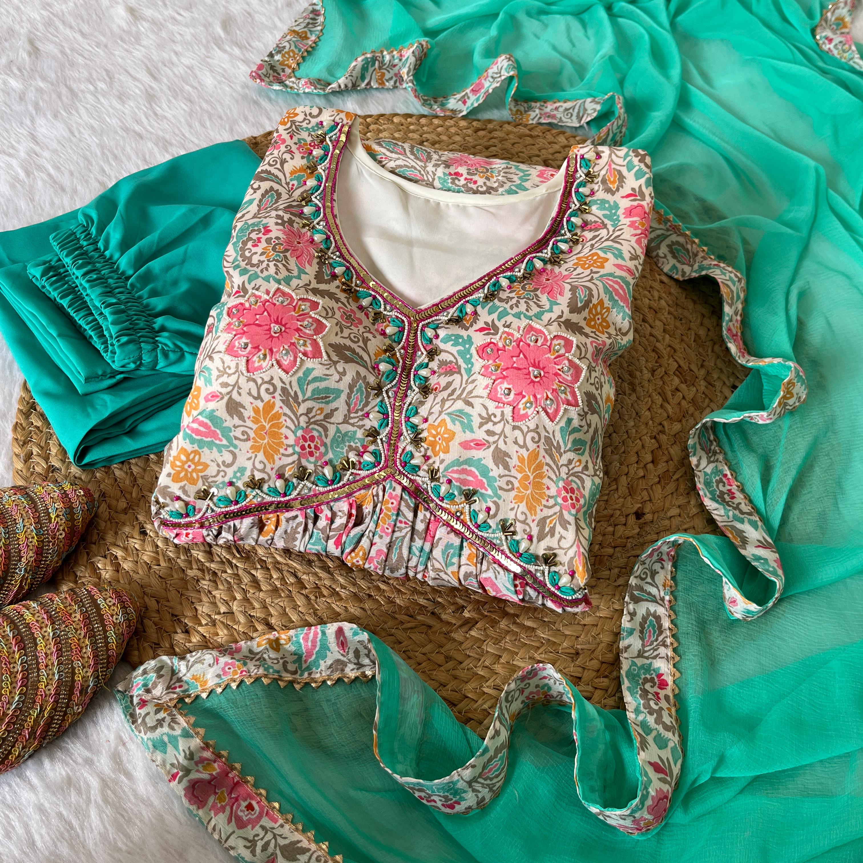 Lovely Soft Chinon Floral Printed Handworked  Festival Wear Anarkali Pant Suit - Ethnicwish