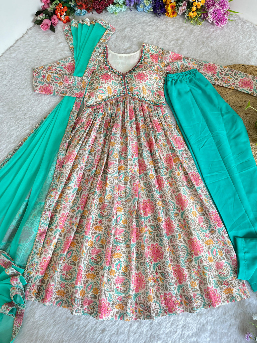 Lovely Soft Chinon Floral Printed Handworked  Festival Wear Anarkali Pant Suit - Ethnicwish