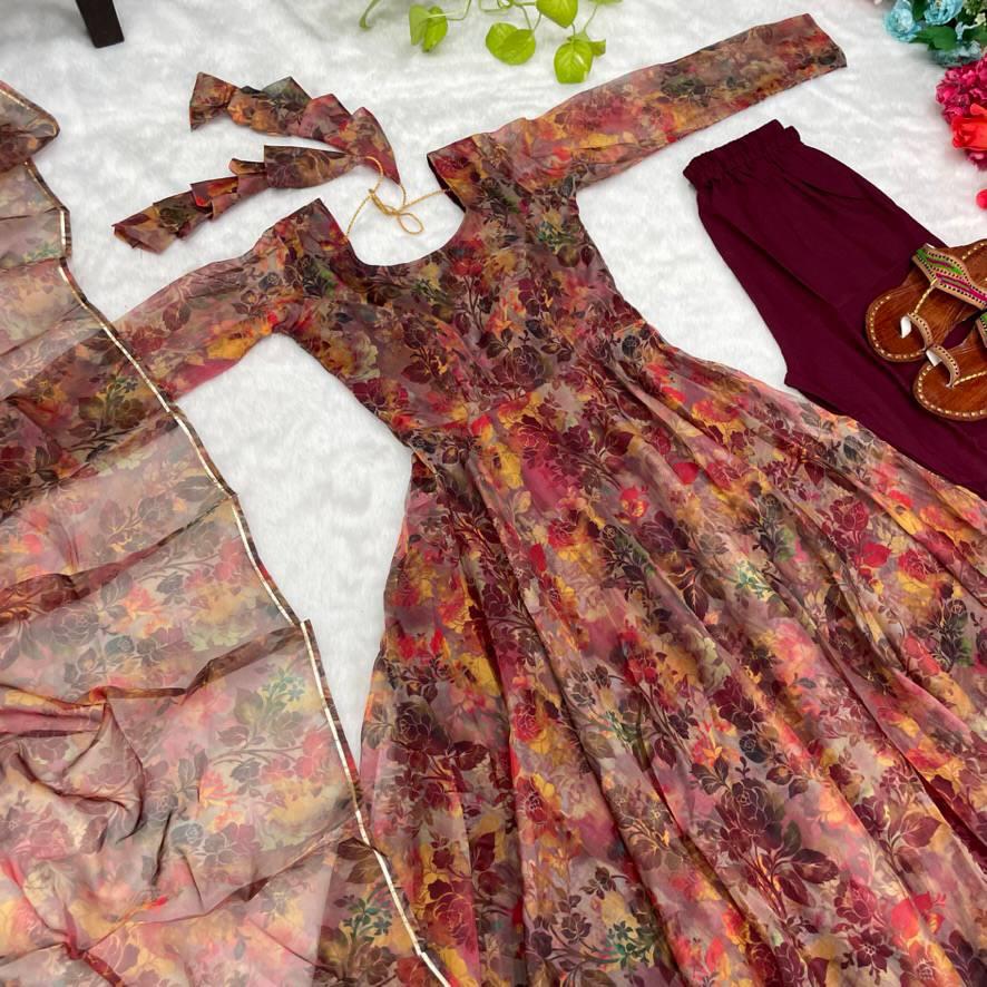 Luminous Brown Floral Digital Printed Organza Silk Anarkali Pant Suit - Ethnicwish