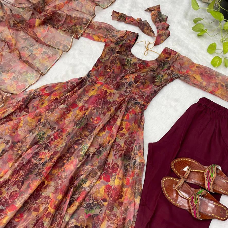 Luminous Brown Floral Digital Printed Organza Silk Anarkali Pant Suit - Ethnicwish