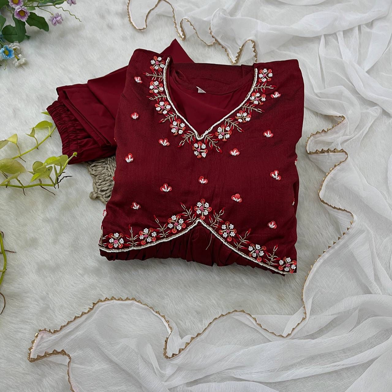 Luminous Vichitra Silk Maroon Handworked Anarkali Pant Suit - Ethnicwish