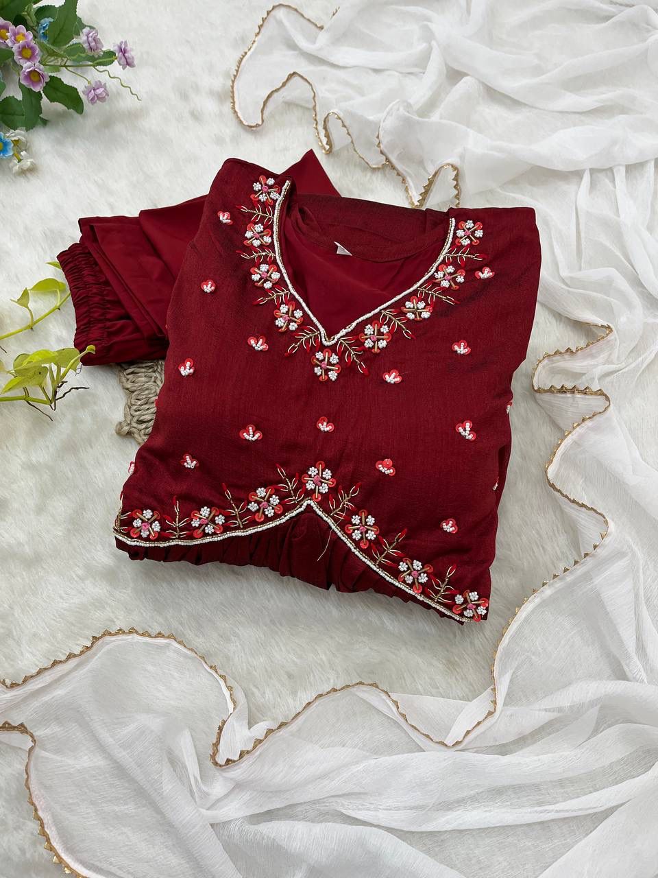 Luminous Vichitra Silk Maroon Handworked Anarkali Pant Suit - Ethnicwish