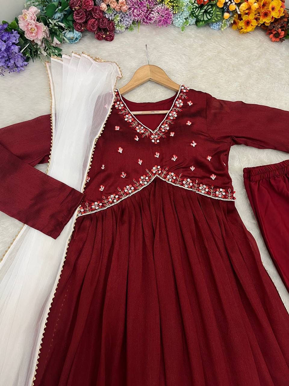 Luminous Vichitra Silk Maroon Handworked Anarkali Pant Suit - Ethnicwish