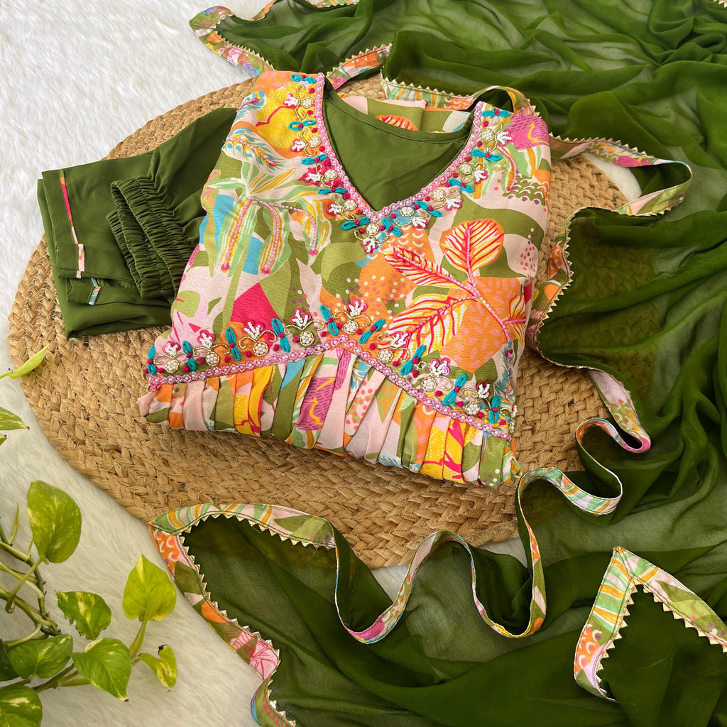 Magnificent Green Soft Chinon Floral Printed Handworked Festive Wear Anarkali Pant Suit - Ethnicwish