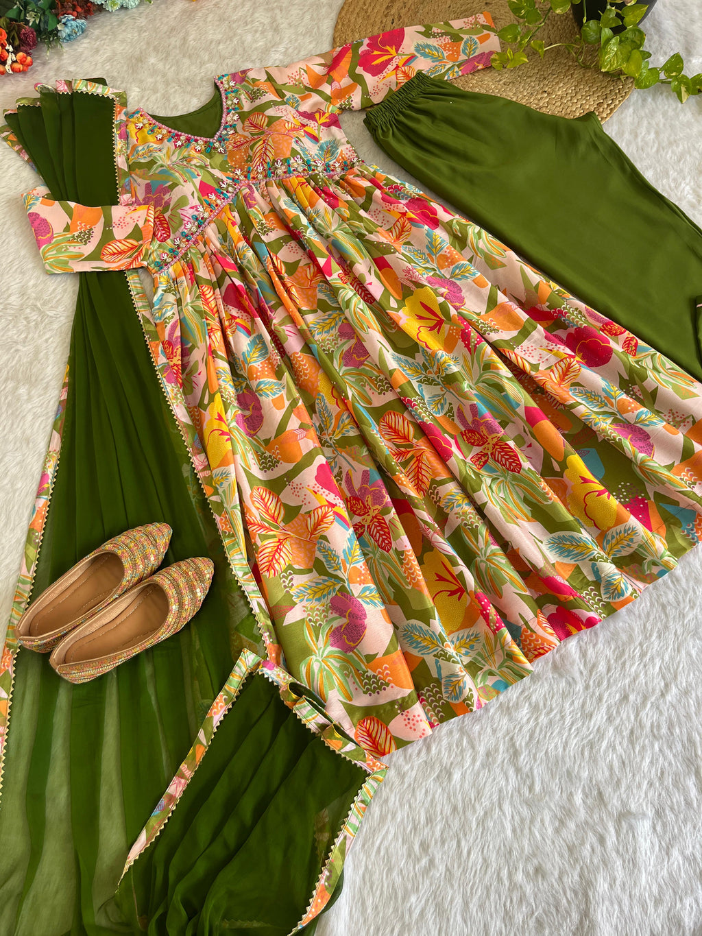 Magnificent Green Soft Chinon Floral Printed Handworked Festive Wear Anarkali Pant Suit - Ethnicwish