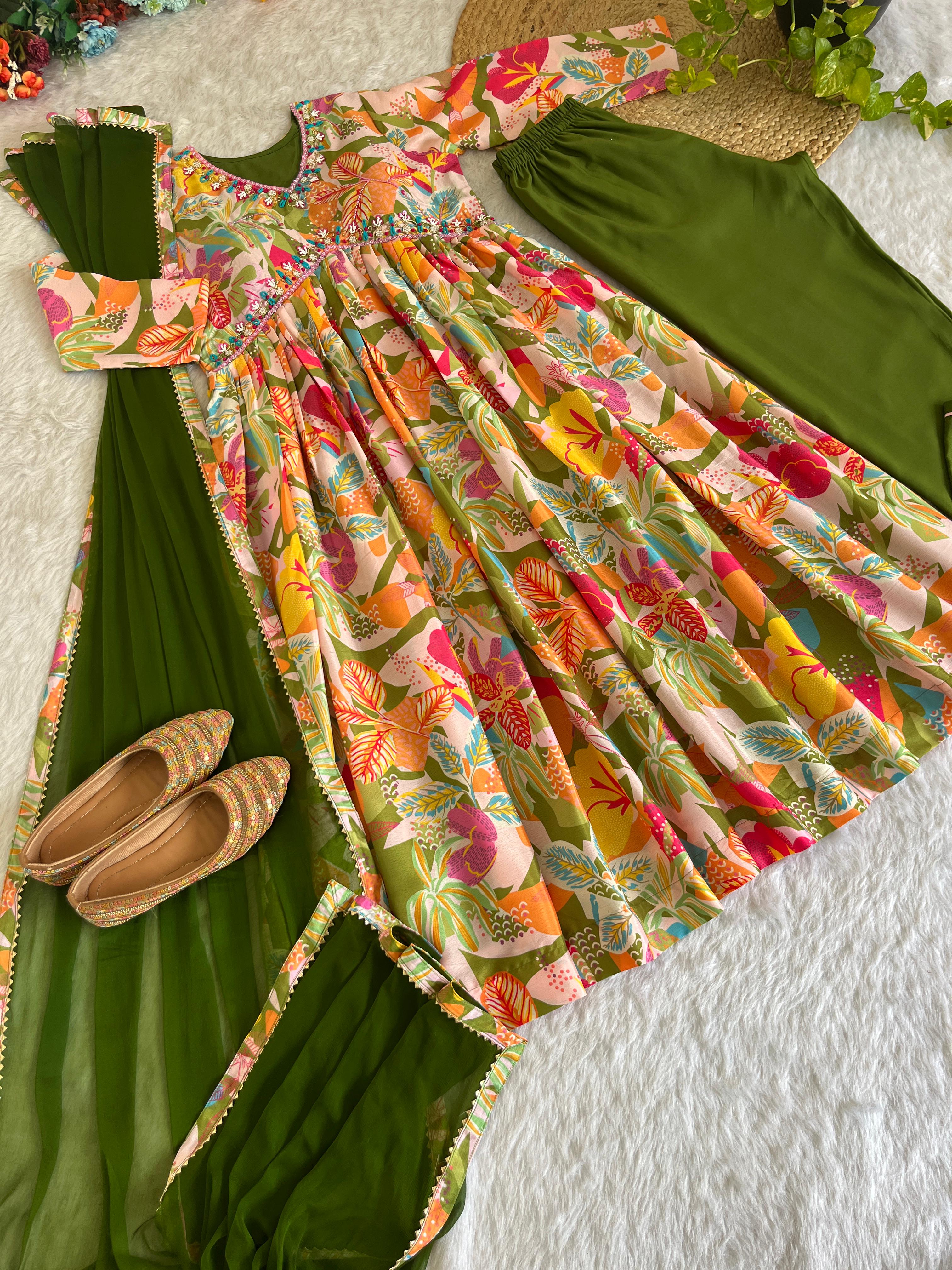 Magnificent Green Soft Chinon Floral Printed Handworked Festive Wear Anarkali Pant Suit - Ethnicwish