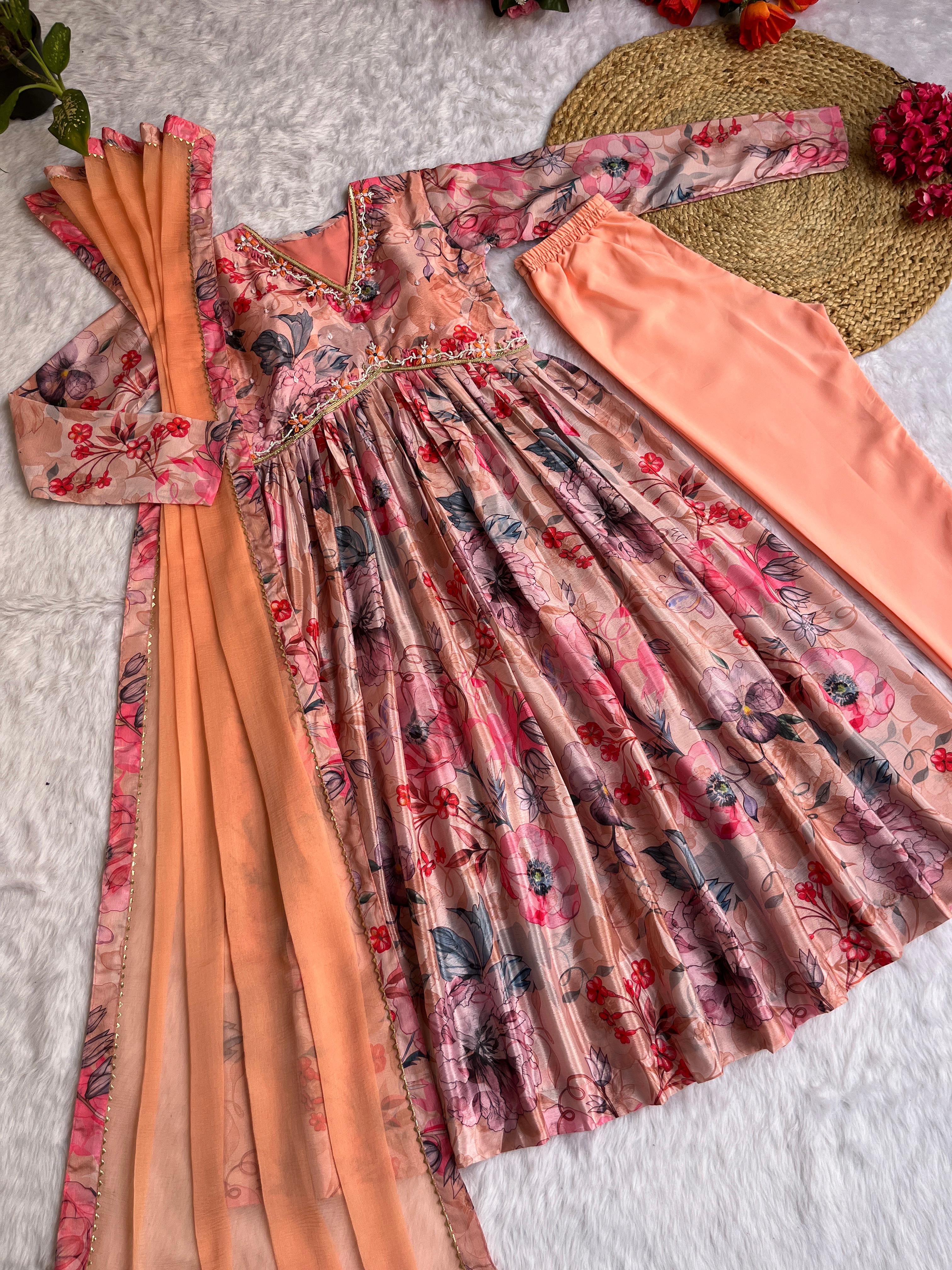 Mesmerizing Chinon Alia Cut Handworked Anarkali Pant Suit - Ethnicwish