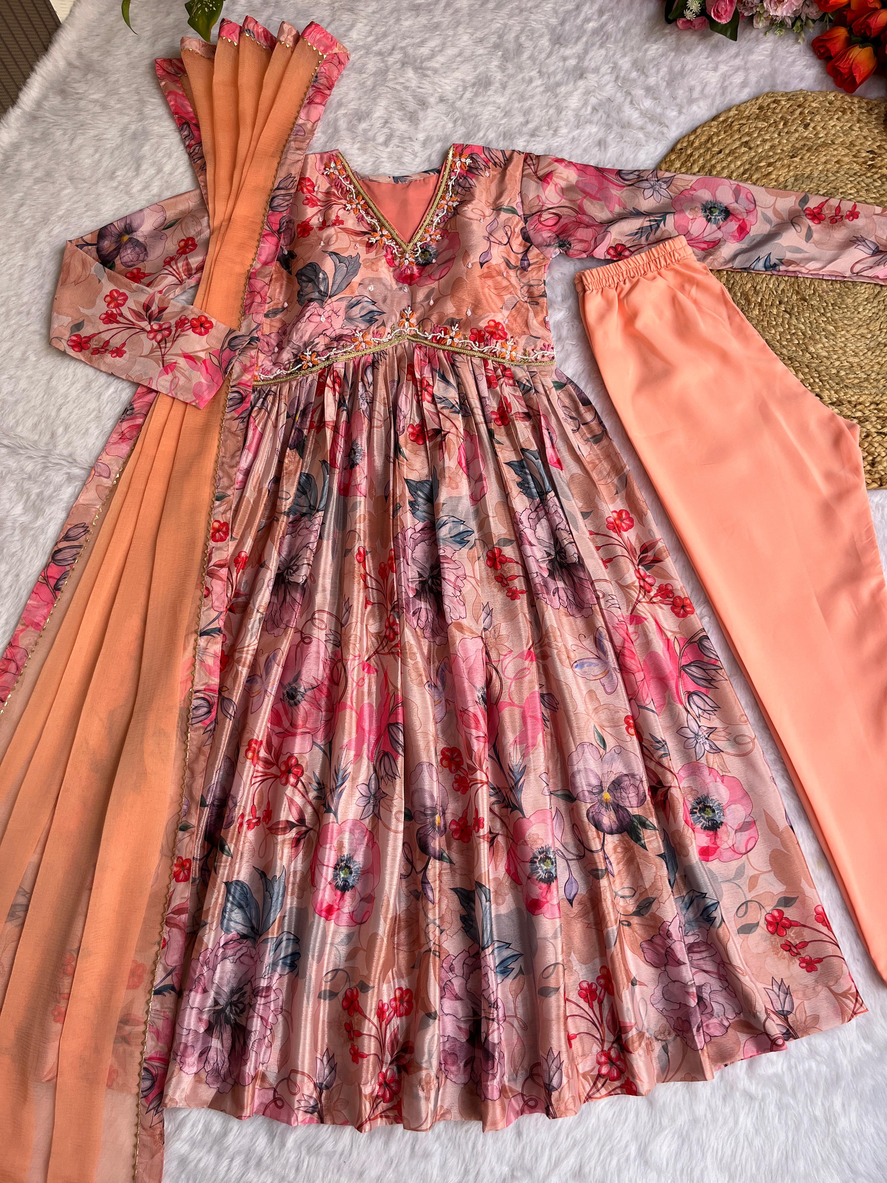 Mesmerizing Chinon Alia Cut Handworked Anarkali Pant Suit - Ethnicwish