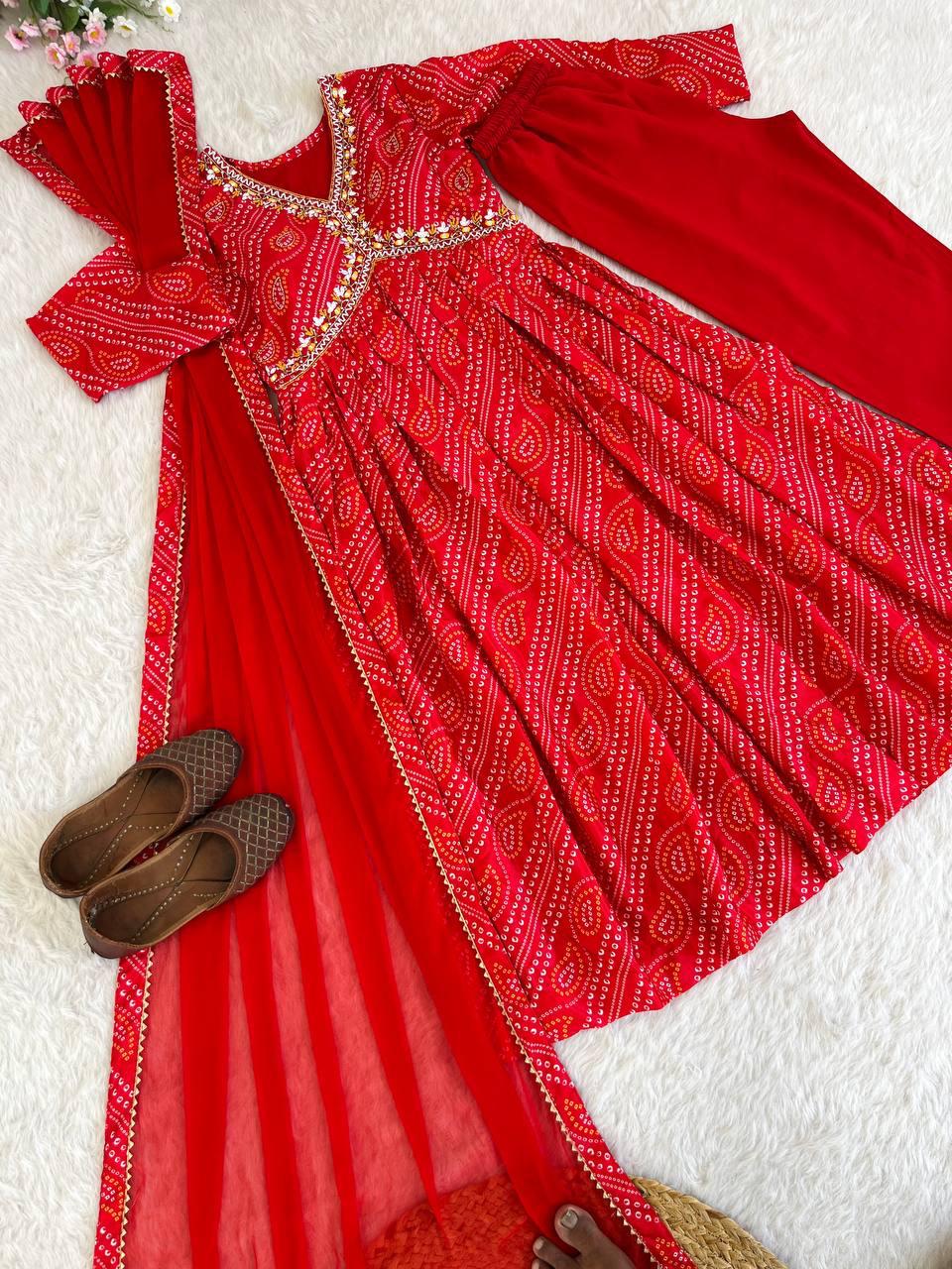 Ravishing Bandhej Printed Soft Chinon  Handworked Anarkali Pant Suit - Ethnicwish