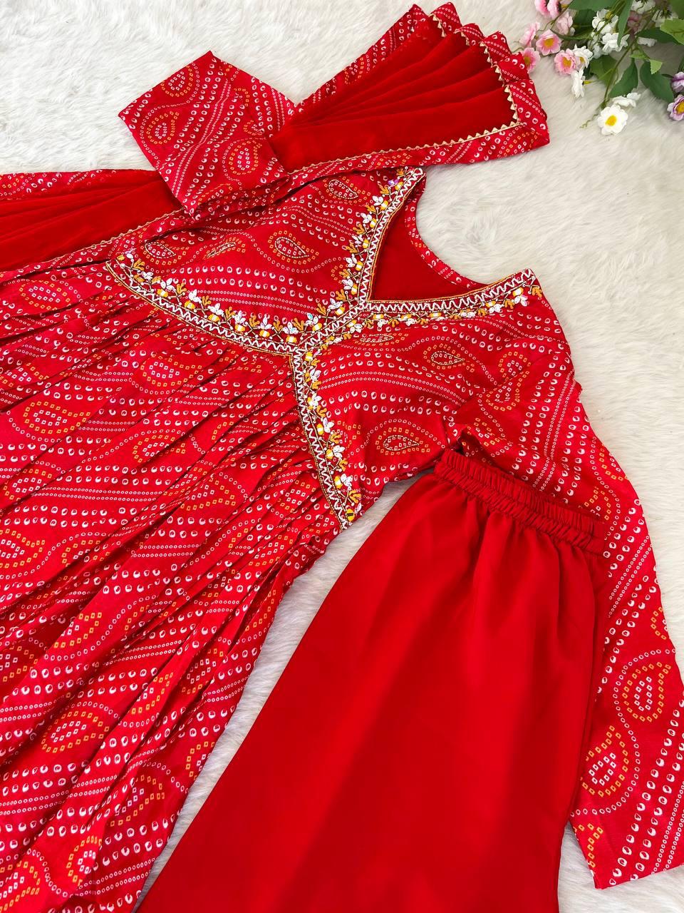 Ravishing Bandhej Printed Soft Chinon  Handworked Anarkali Pant Suit - Ethnicwish