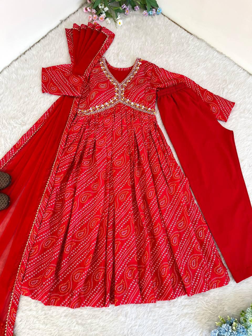 Ravishing Bandhej Printed Soft Chinon  Handworked Anarkali Pant Suit - Ethnicwish