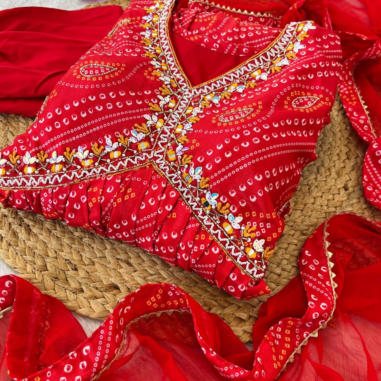 Ravishing Bandhej Printed Soft Chinon  Handworked Anarkali Pant Suit - Ethnicwish