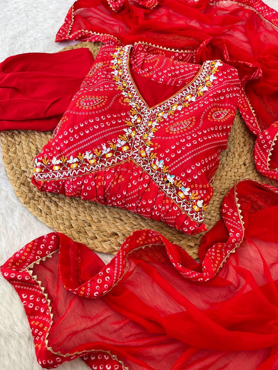 Ravishing Bandhej Printed Soft Chinon  Handworked Anarkali Pant Suit - Ethnicwish