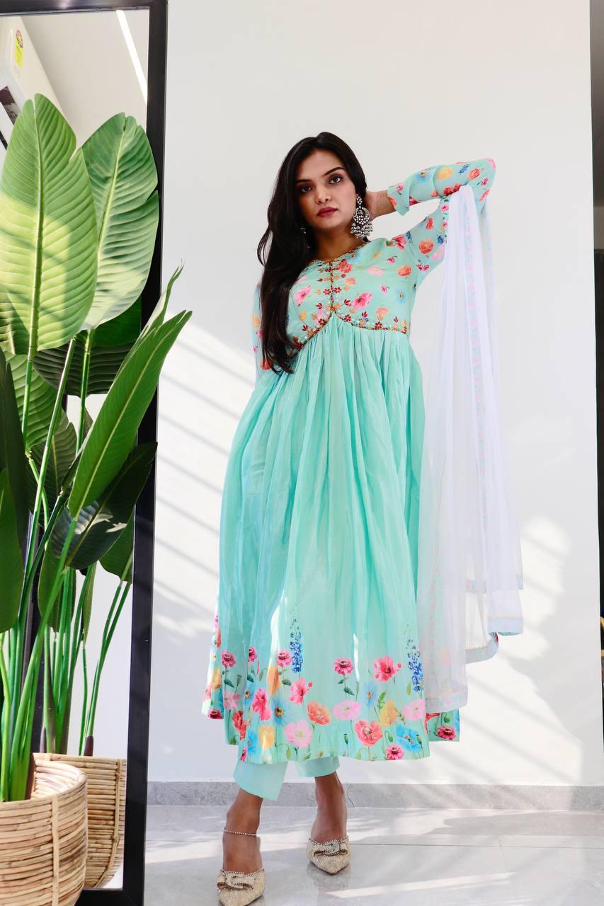 Ravishing Sky Blue Soft Chinon Floral Printed Handworked Anarkali Pant Suit - Ethnicwish