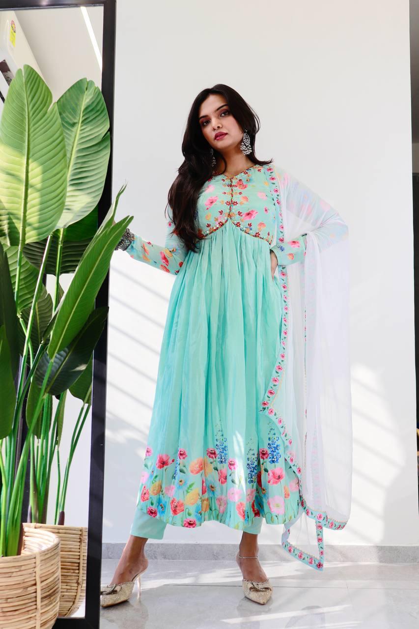 Ravishing Sky Blue Soft Chinon Floral Printed Handworked Anarkali Pant Suit - Ethnicwish
