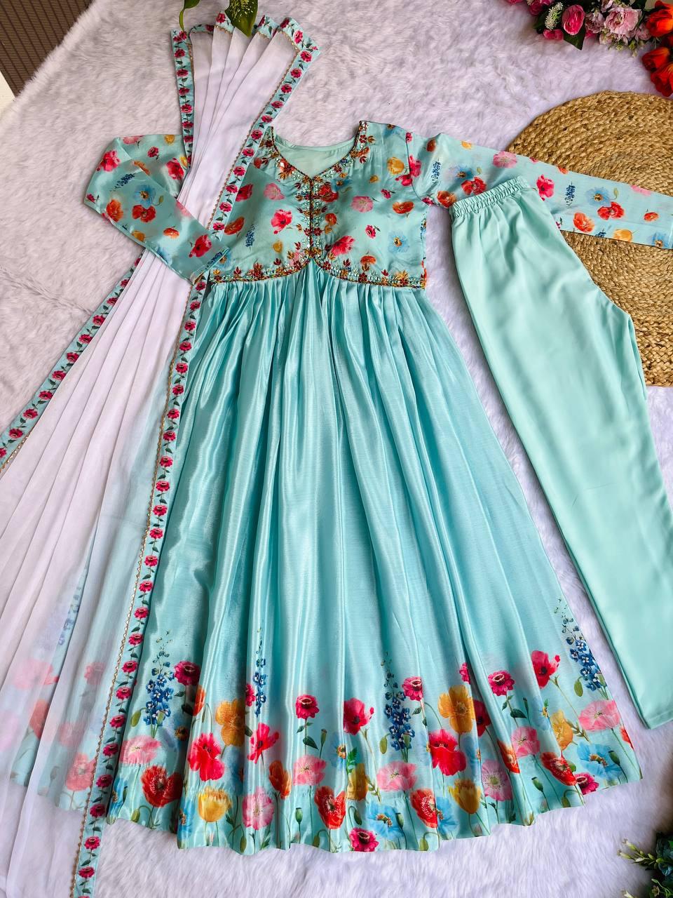 Ravishing Sky Blue Soft Chinon Floral Printed Handworked Anarkali Pant Suit - Ethnicwish