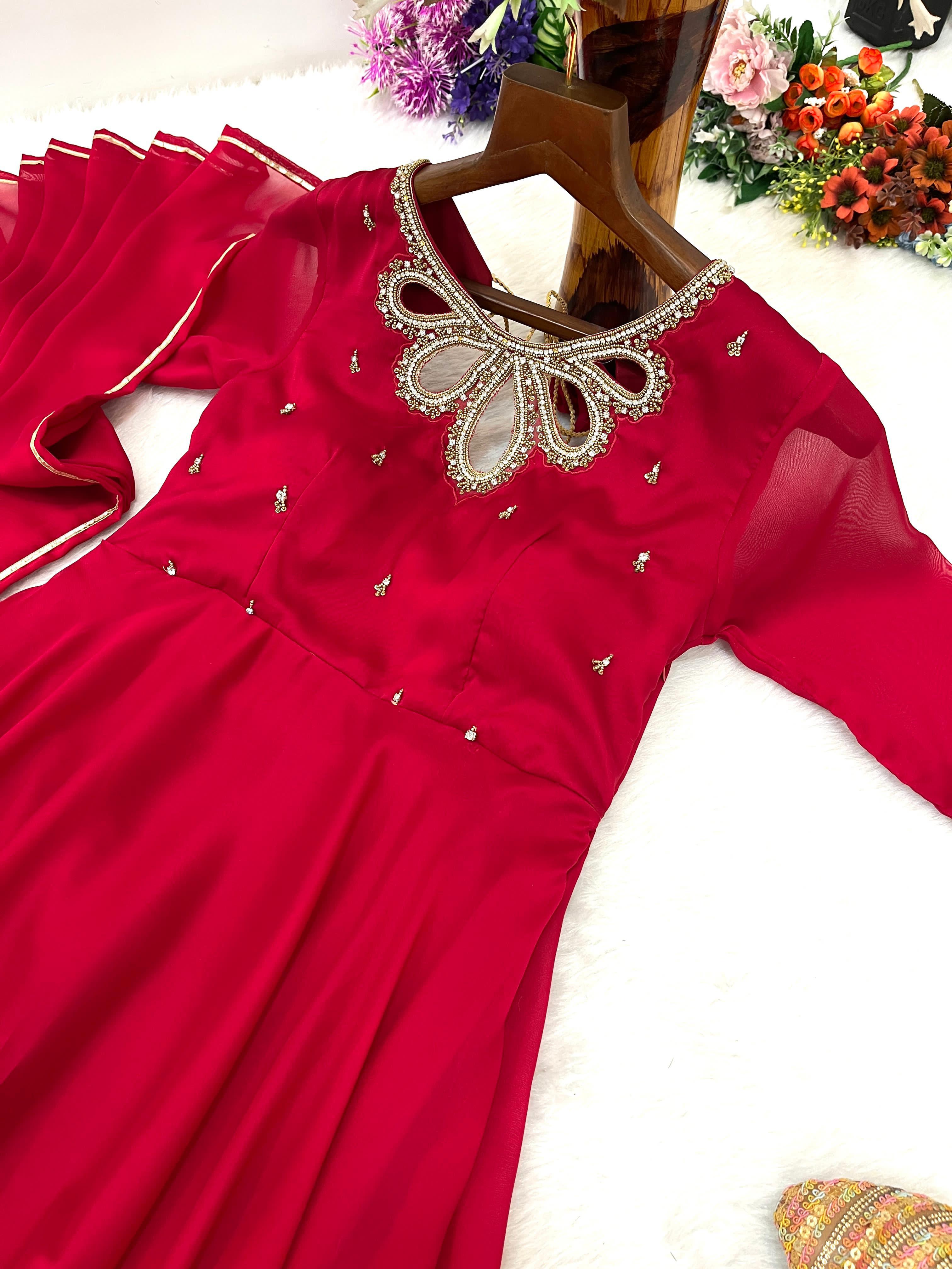 Resplendent Rangoli Georgette Fancy Neck Handworked Gown - Ethnicwish