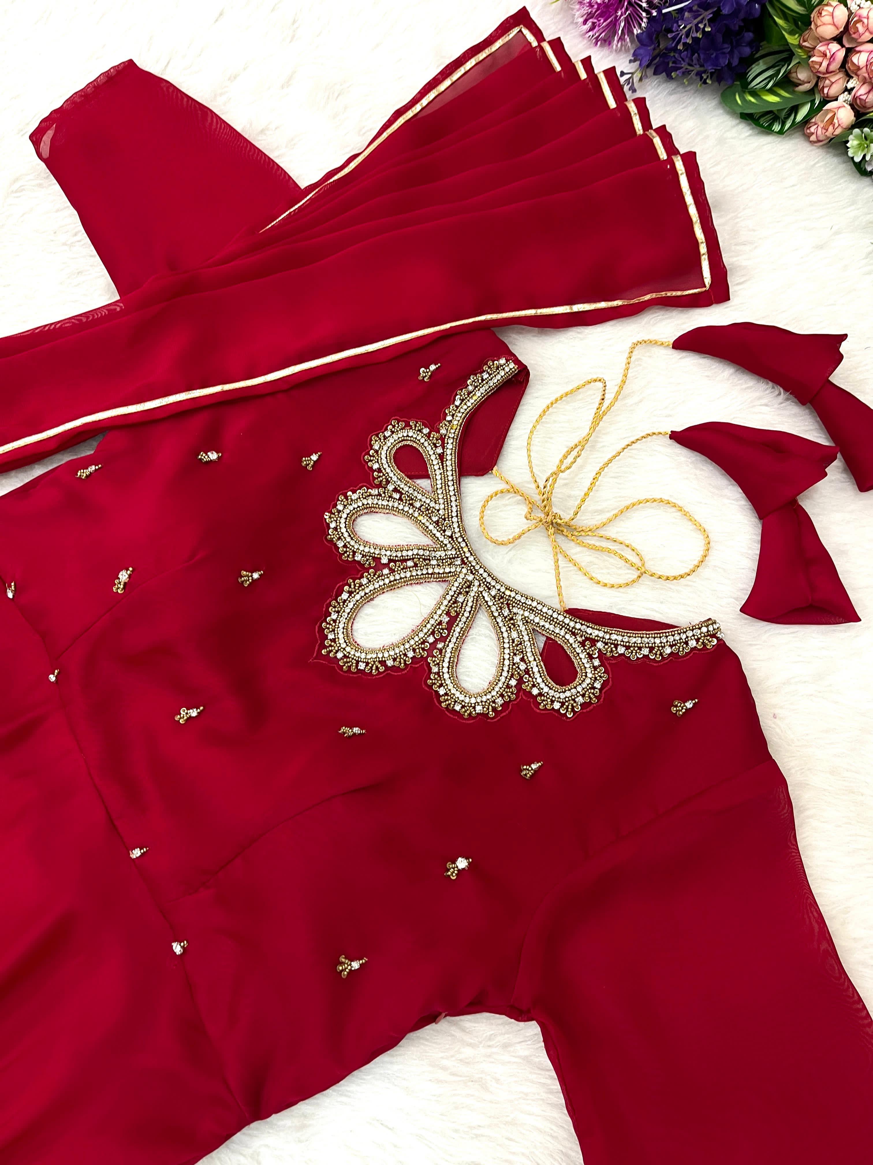 Resplendent Rangoli Georgette Fancy Neck Handworked Gown - Ethnicwish