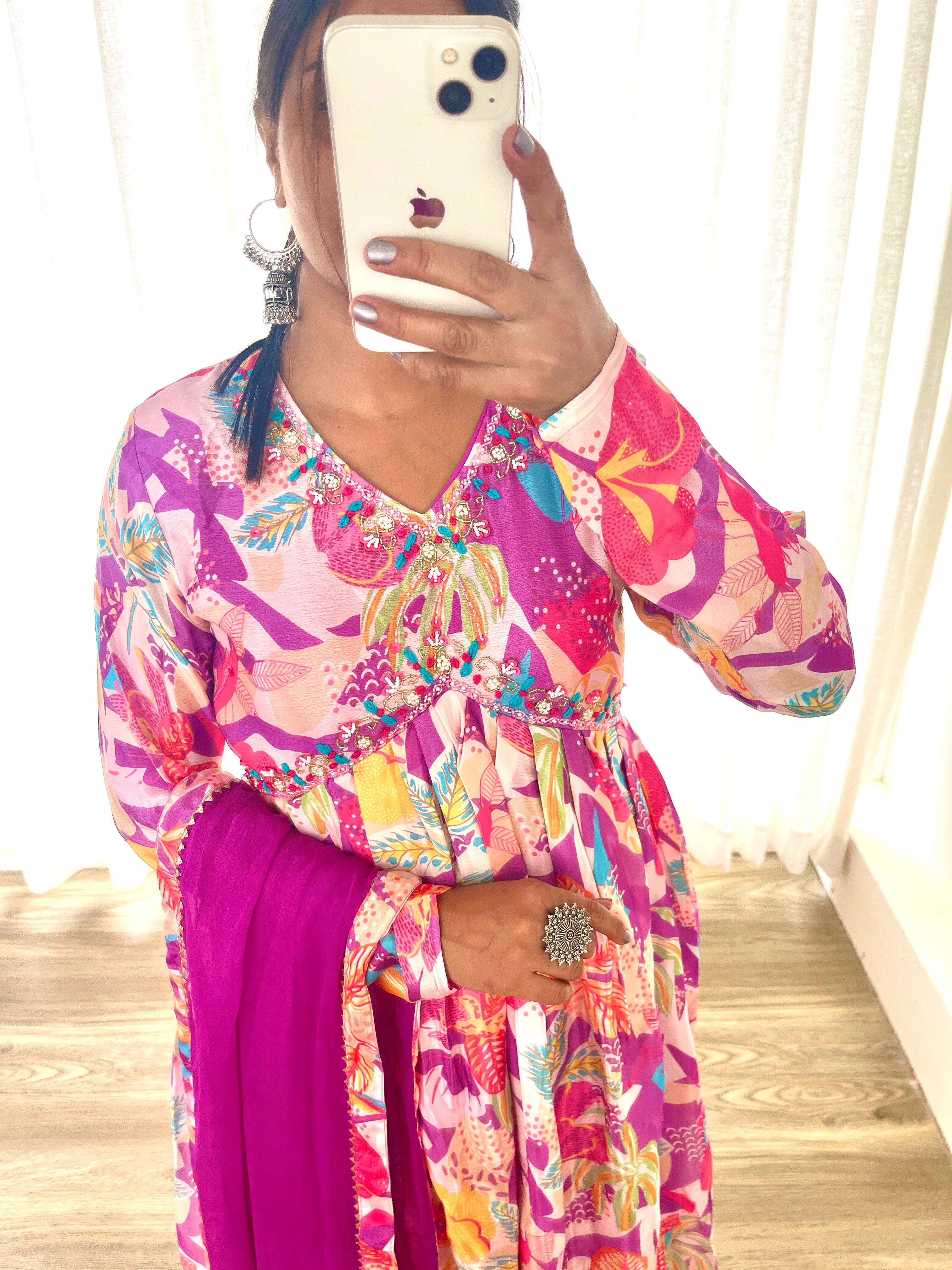 Spellbinding Soft Chinon Floral Printed Handworked Anarkali Pant Suit - Ethnicwish