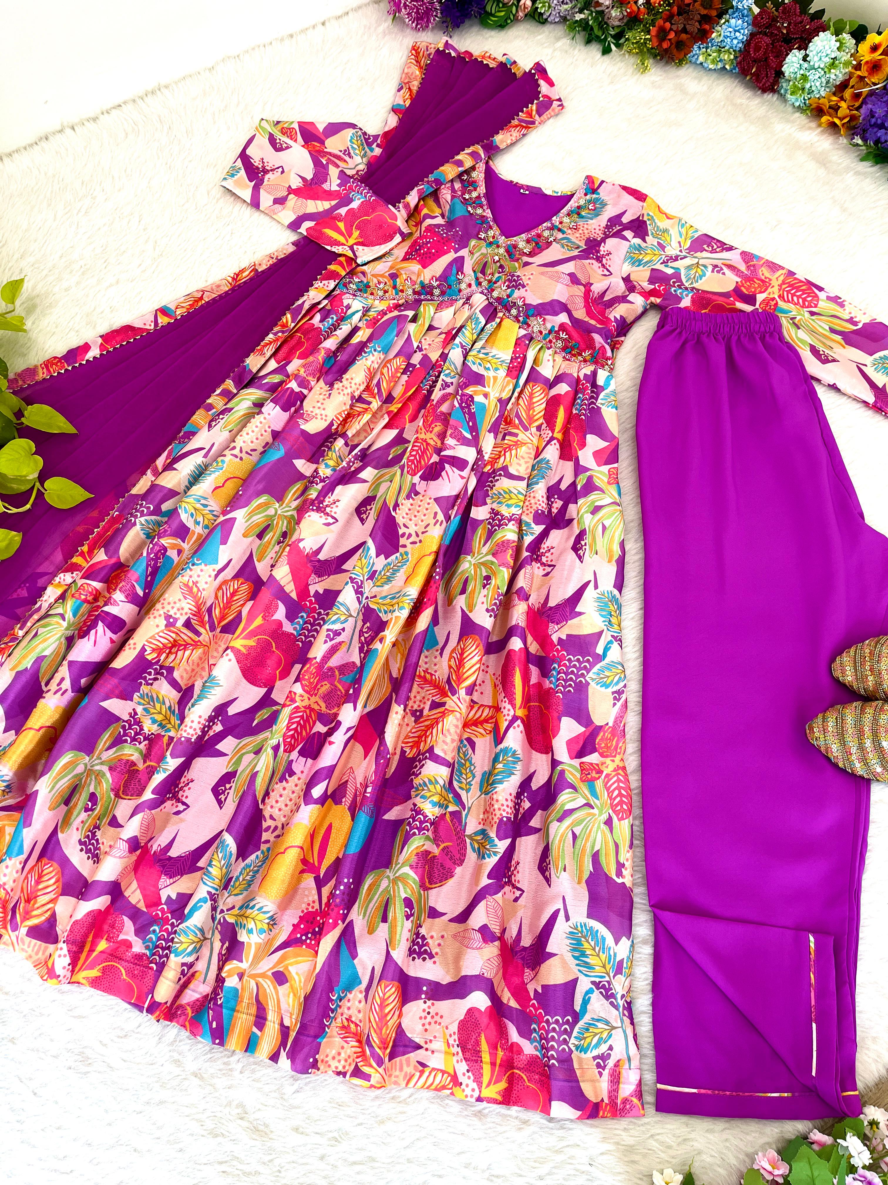Spellbinding Soft Chinon Floral Printed Handworked Anarkali Pant Suit - Ethnicwish