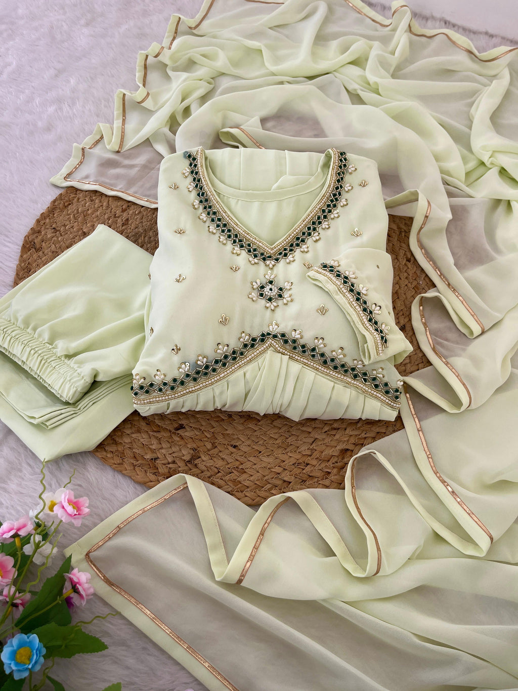 Stunning Off White Faux Georgette Handworked Anarkali Pant Suit - Ethnicwish