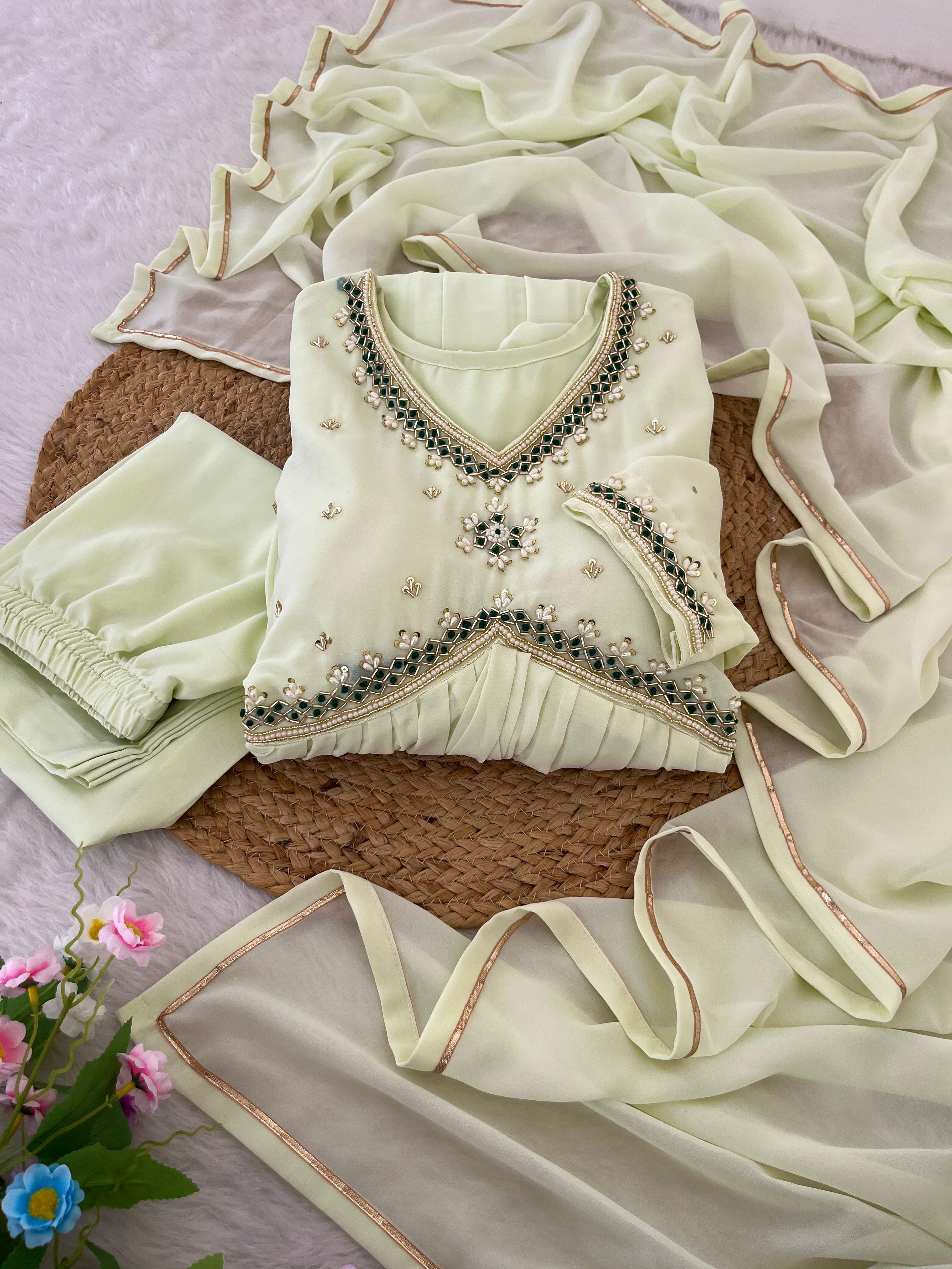 Stunning Off White Faux Georgette Handworked Anarkali Pant Suit - Ethnicwish