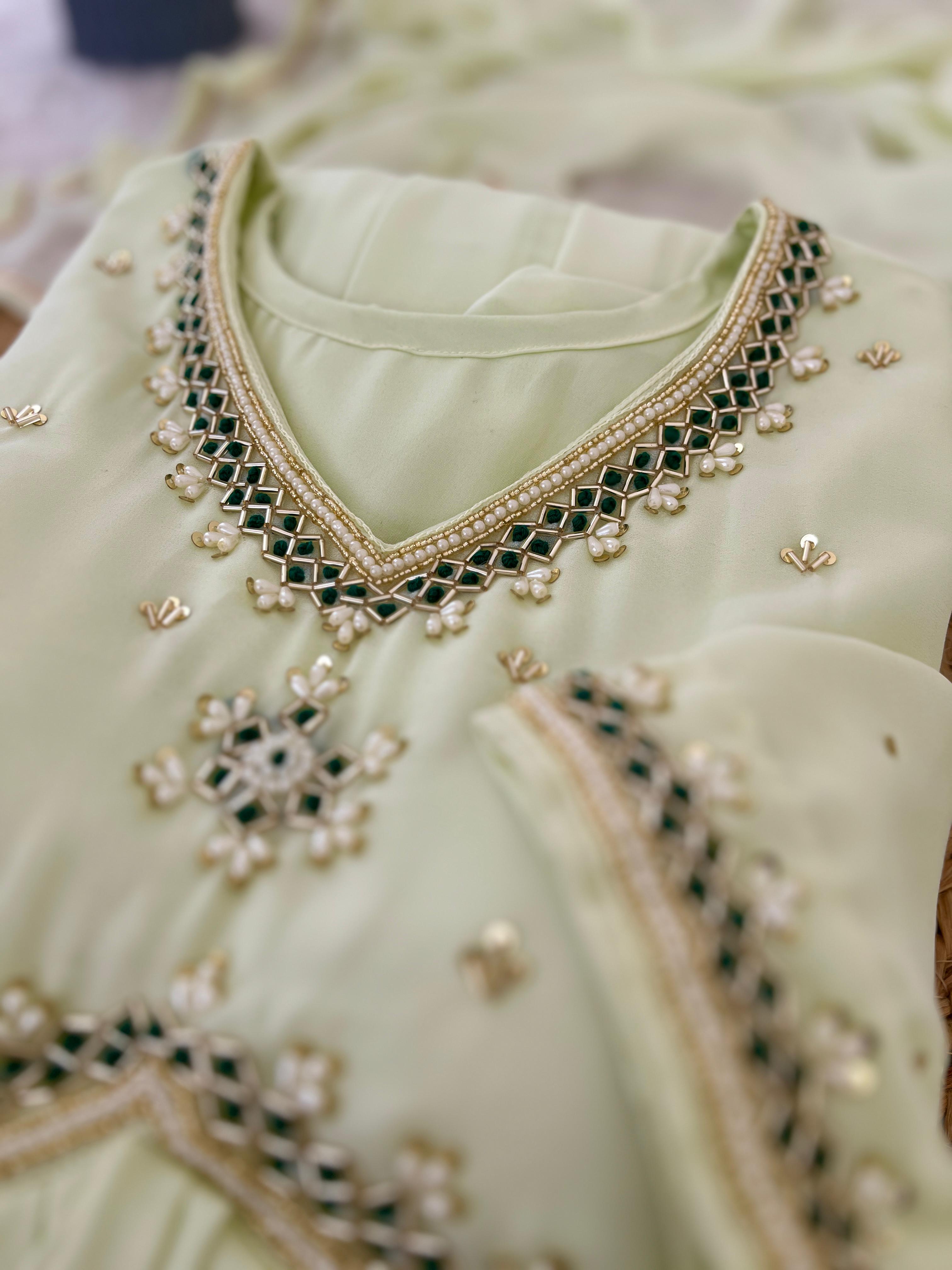 Stunning Off White Faux Georgette Handworked Anarkali Pant Suit - Ethnicwish