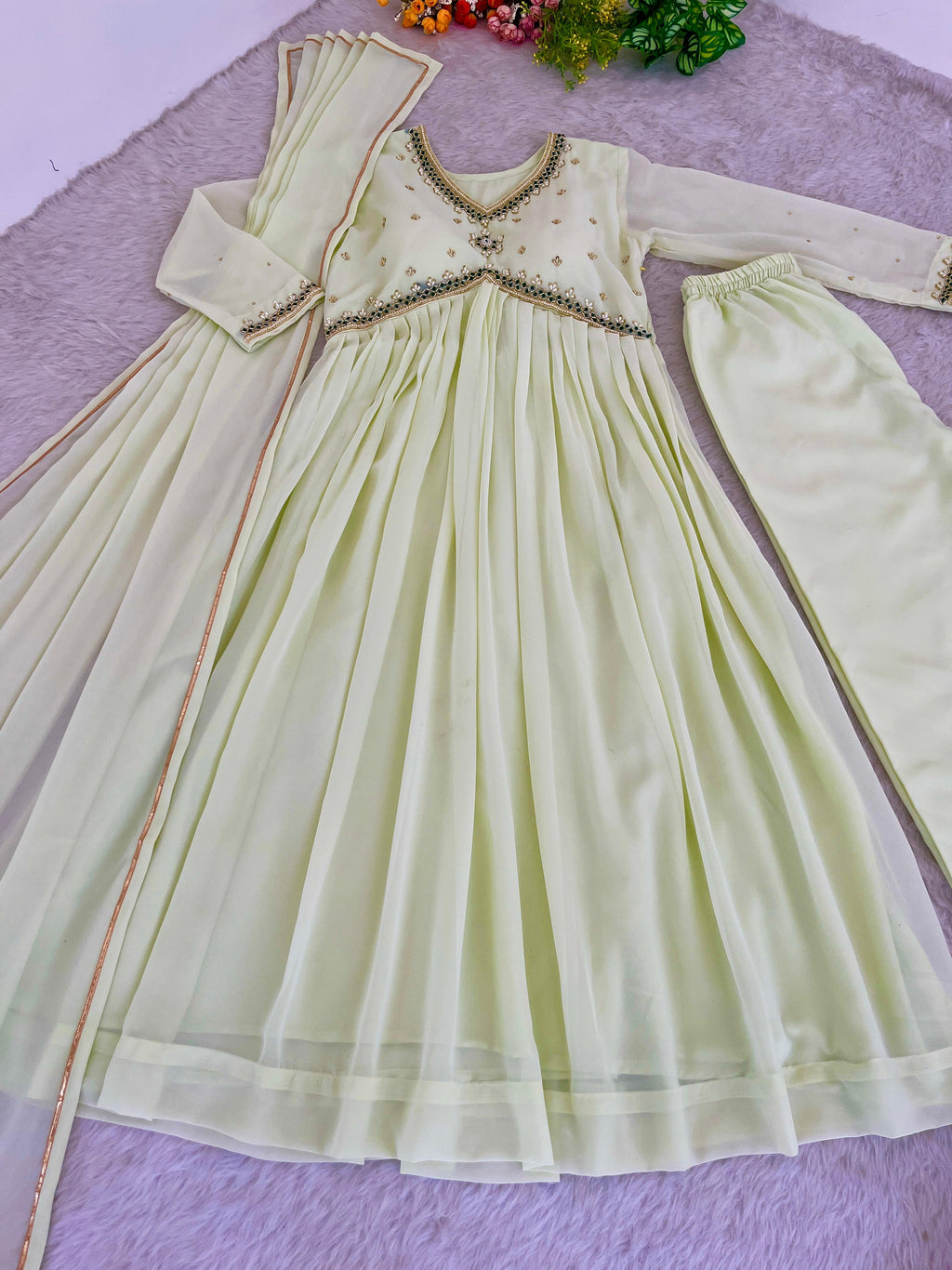 Stunning Off White Faux Georgette Handworked Anarkali Pant Suit - Ethnicwish