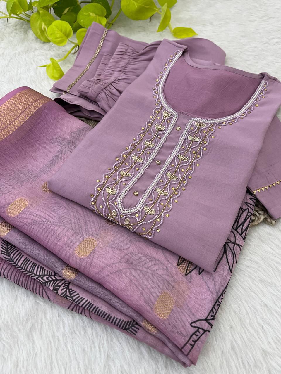 Bewitching Roman Silk Handworked Designer Anarkali Pant Suit - Ethnicwish