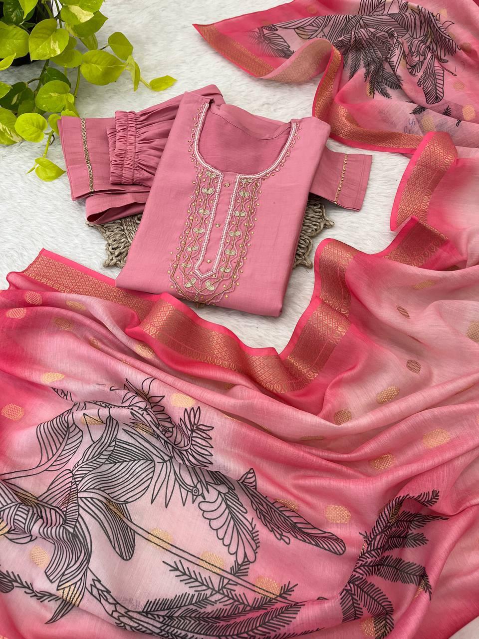 Bewitching Roman Silk Handworked Designer Anarkali Pant Suit - Ethnicwish