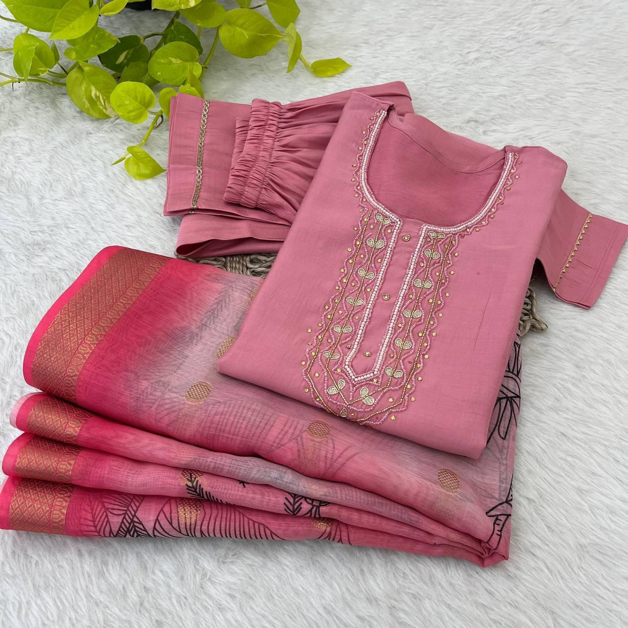 Bewitching Roman Silk Handworked Designer Anarkali Pant Suit - Ethnicwish