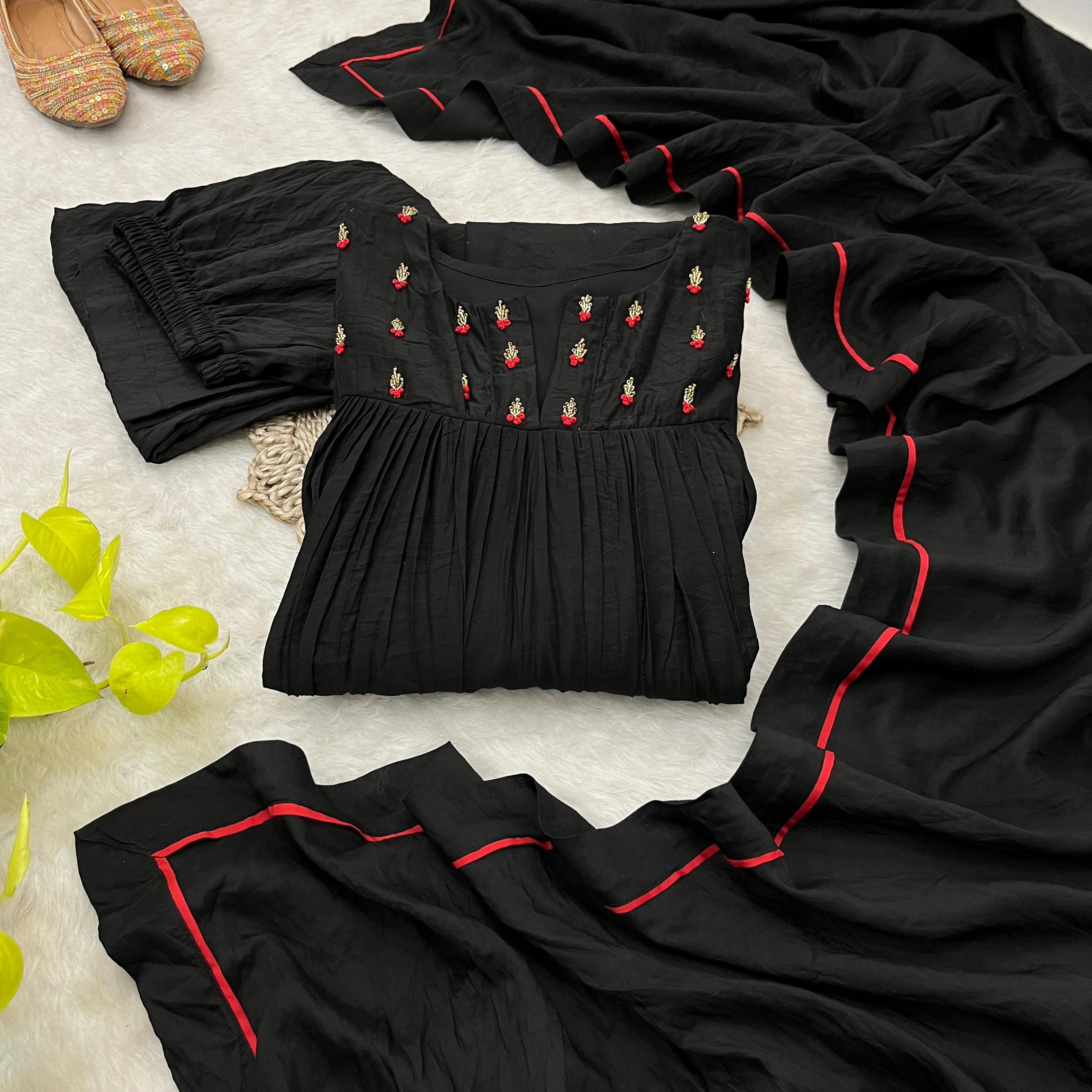 Winsome Black Viscose Chanderi Handworkd Anarkali Pant Suit - Ethnicwish