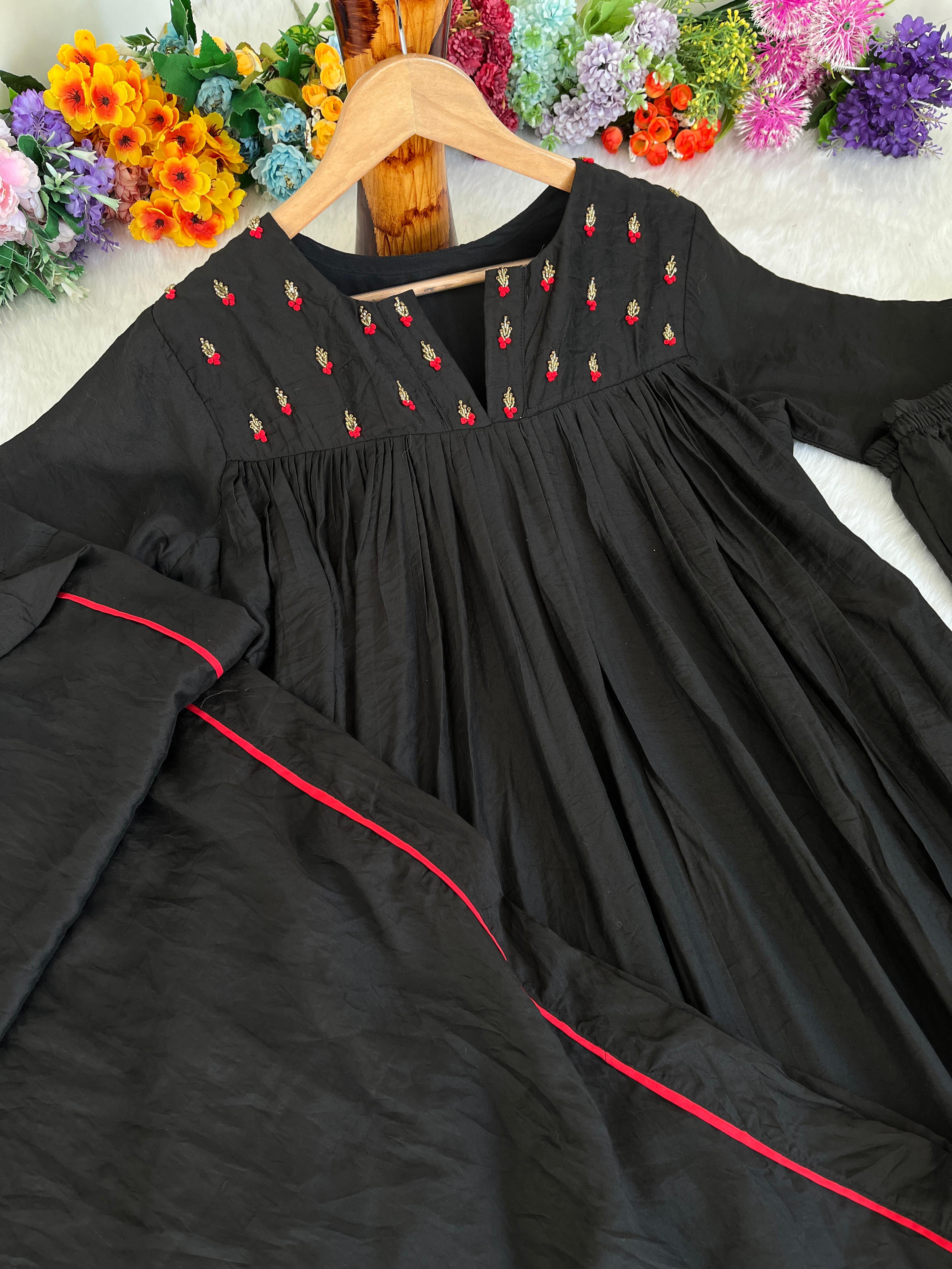 Winsome Black Viscose Chanderi Handworkd Anarkali Pant Suit - Ethnicwish