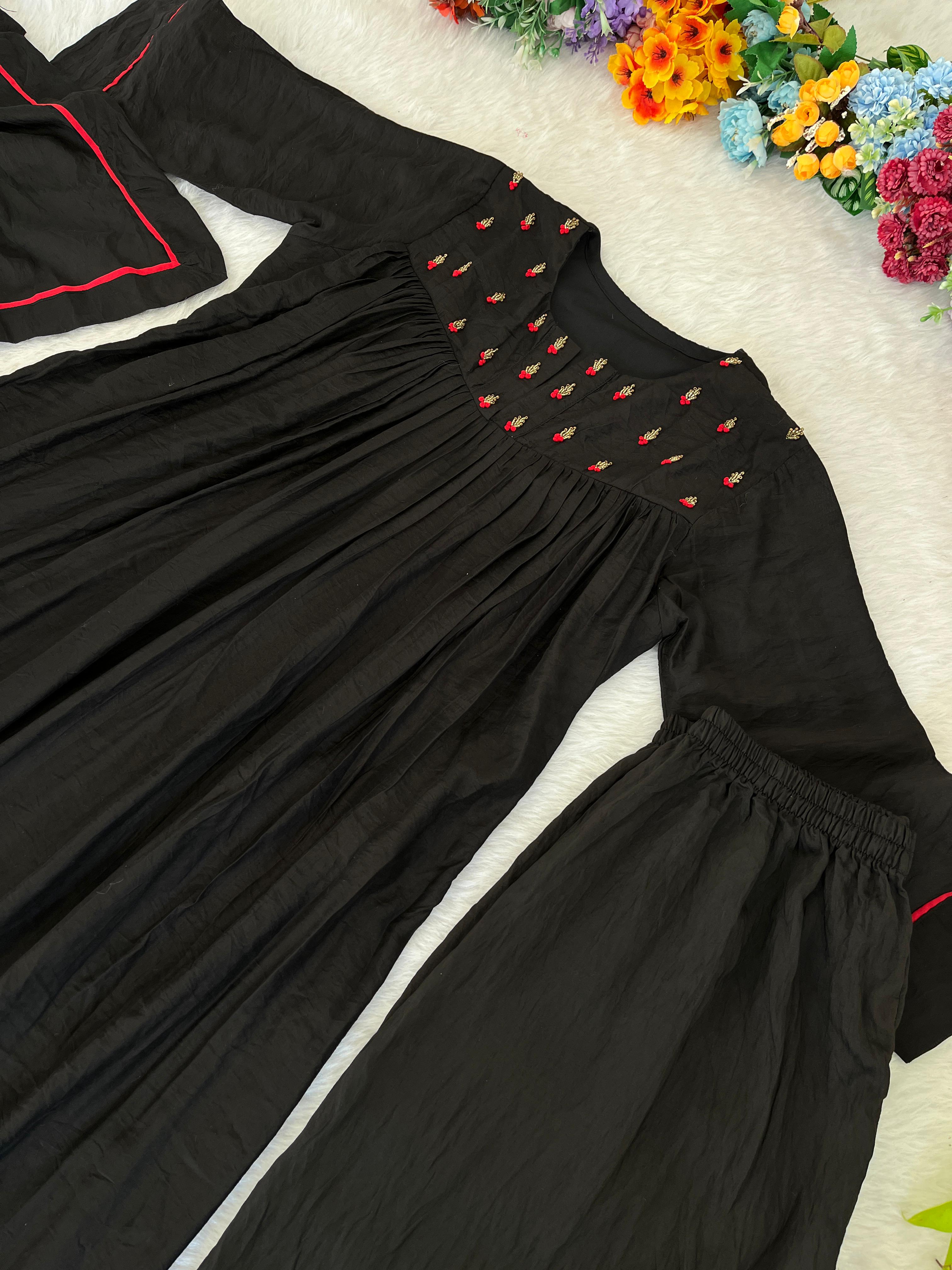 Winsome Black Viscose Chanderi Handworkd Anarkali Pant Suit - Ethnicwish