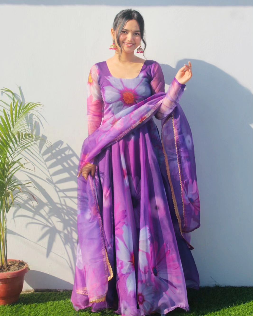 Delightful Purple Organza Silk Floral Printed Stitched Gown With Dupatta - Ethnicwish