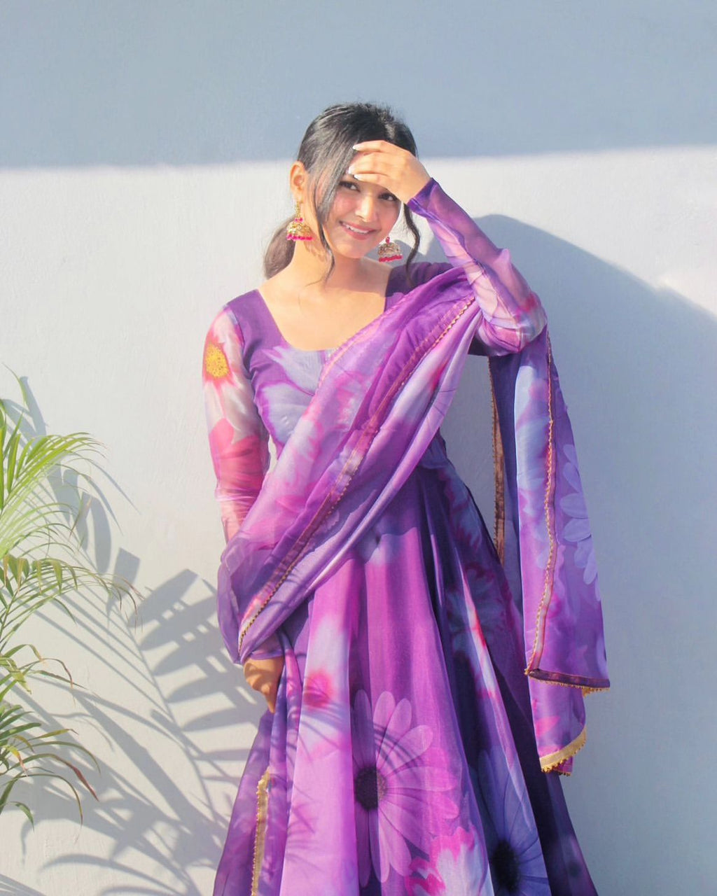 Delightful Purple Organza Silk Floral Printed Stitched Gown With Dupatta - Ethnicwish