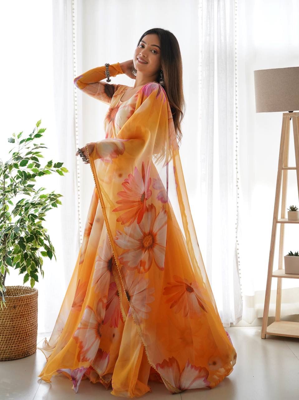 Elegant Orange Organza Silk Floral Printed Stitched Gown With Dupatta - Ethnicwish