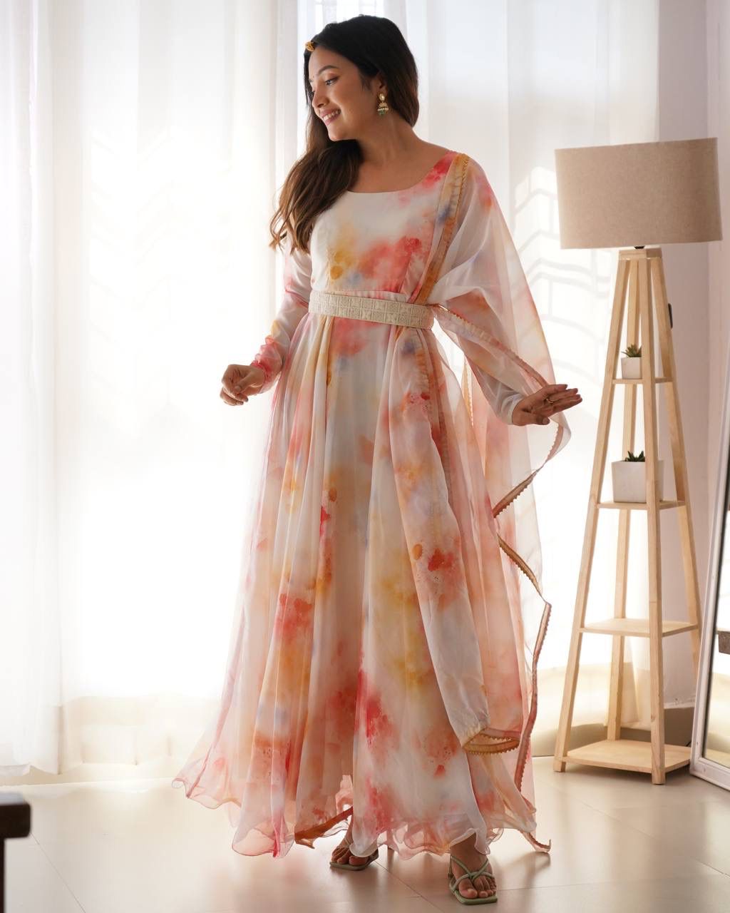 Elegant Organza Silk Floral Digital Printed Gown With Dupatta - Ethnicwish